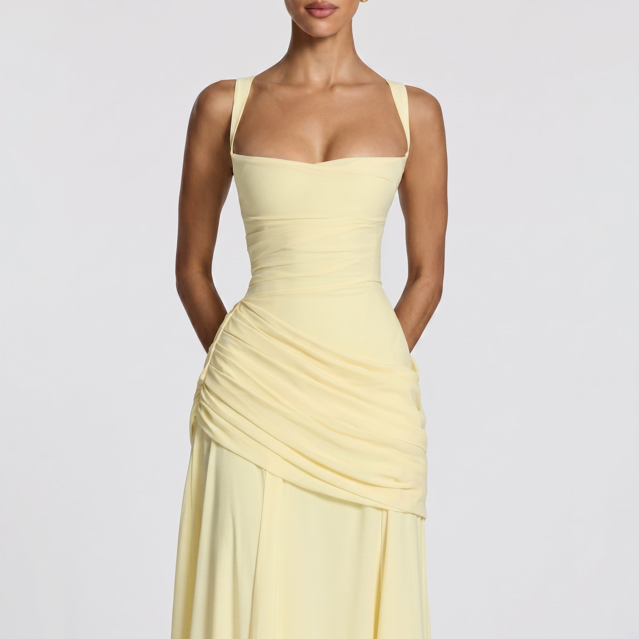 Elise - Women's Wedding Guest Ruched Maxi Dress - Maxi Dress - Yellow - Taylor & Bennett
