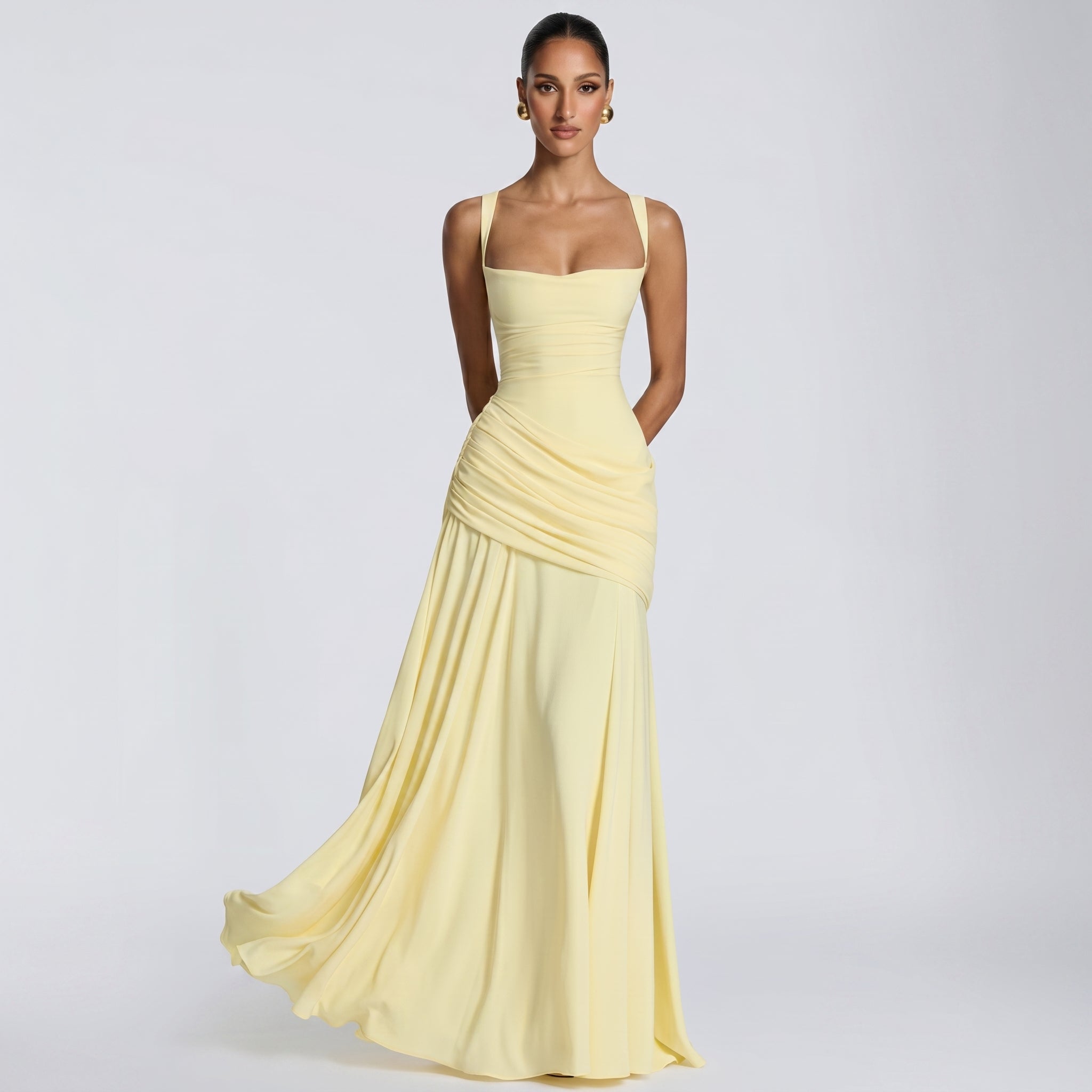 Elise - Women's Wedding Guest Ruched Maxi Dress - Maxi Dress - Yellow - Taylor & Bennett