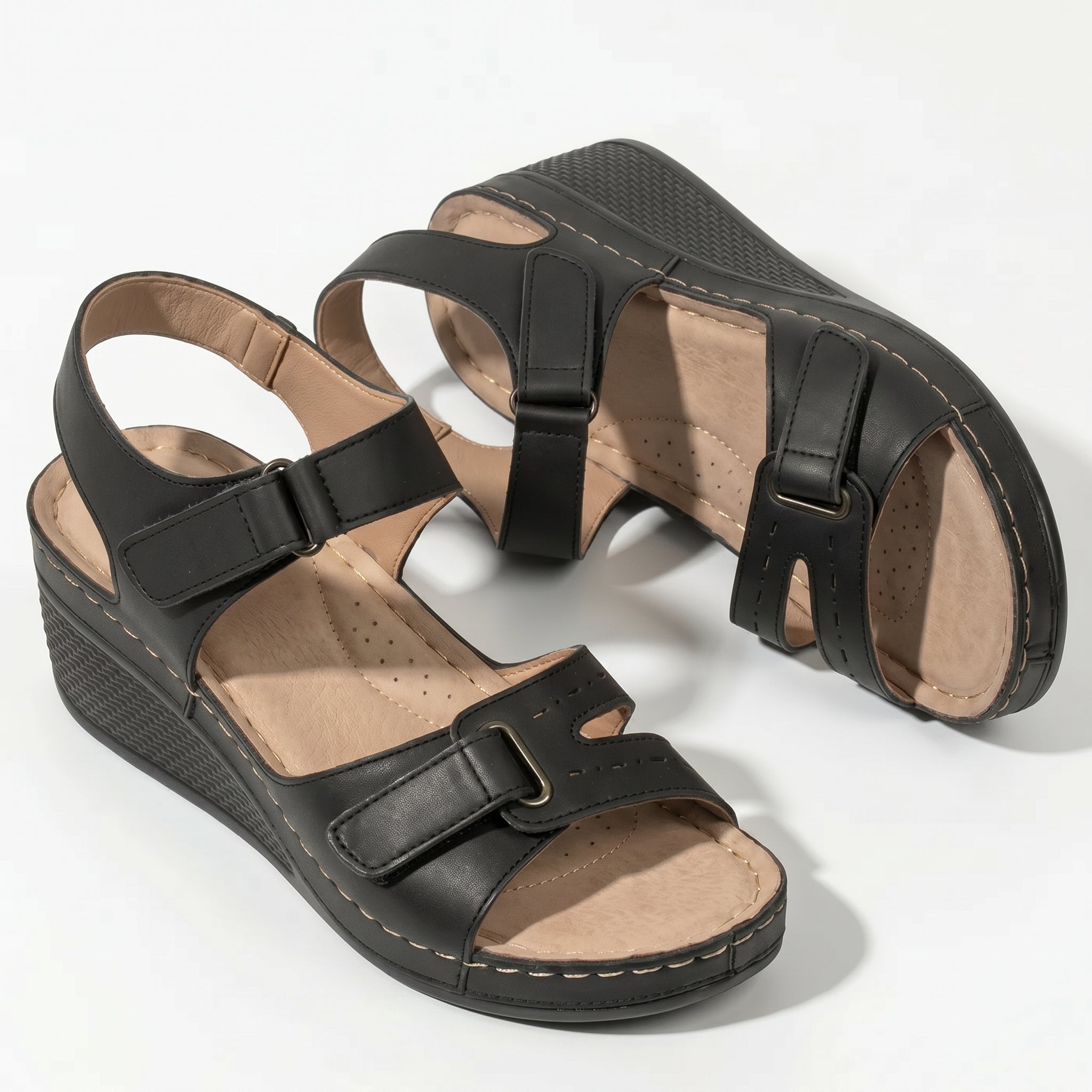 Eliza - Women's Adjustable Wedge Sandals - Sandal - Black - Taylor & Bennett