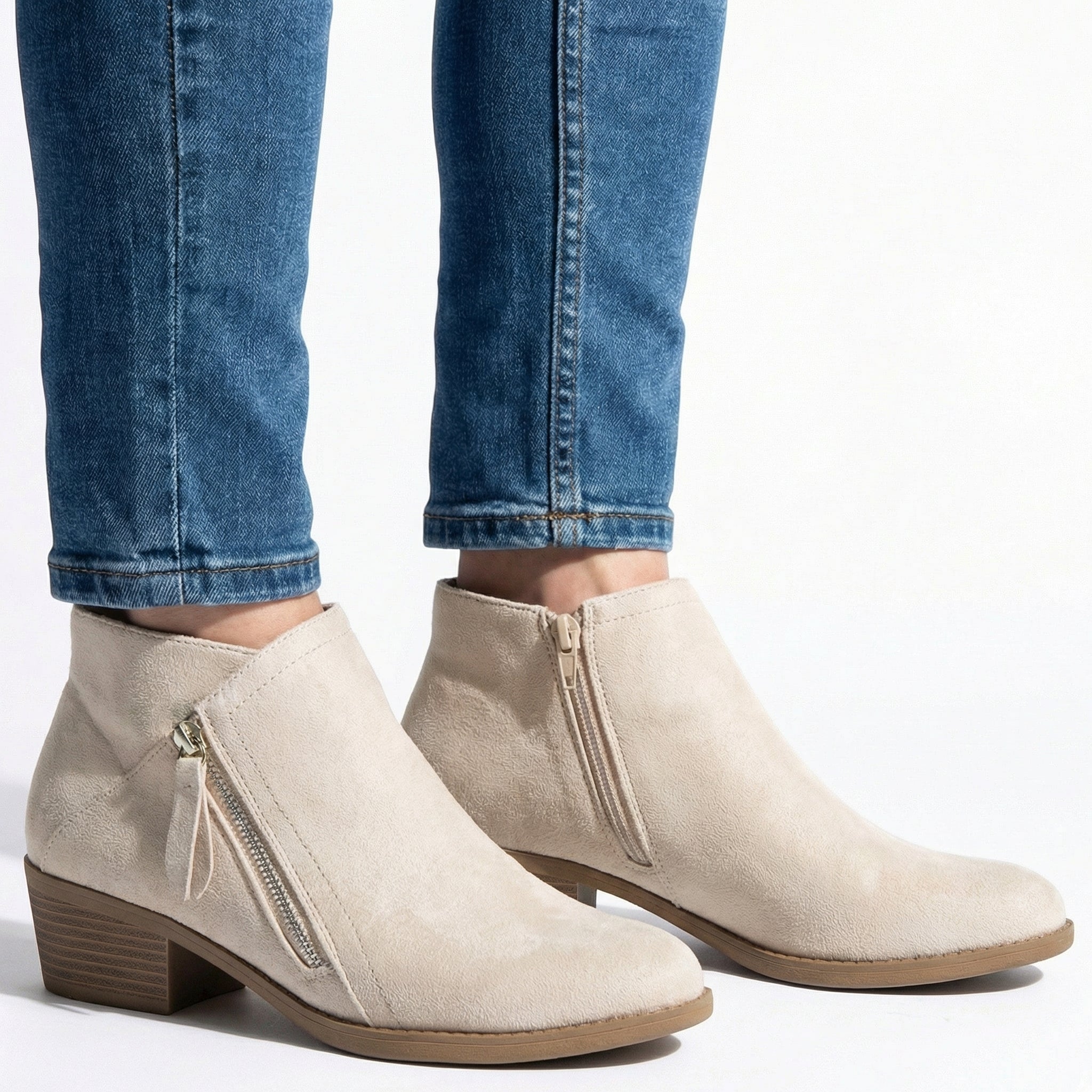 Eliza - Women's Side Zip Ankle Boots - Shoes - Beige - Taylor & Bennett
