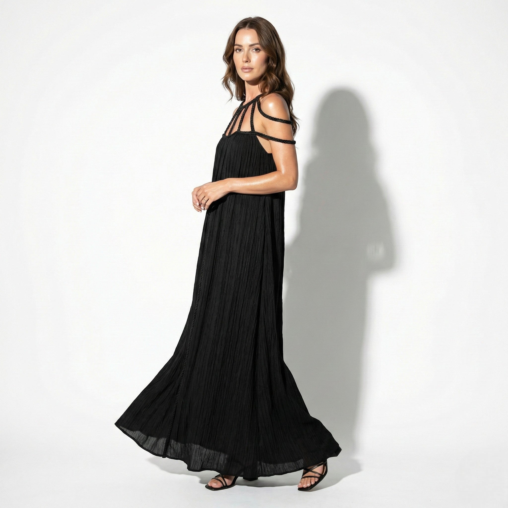 Elizabeth - Women's Draped Rope Neck Cover - Up Maxi Dress - Dresses - Black - Taylor & Bennett