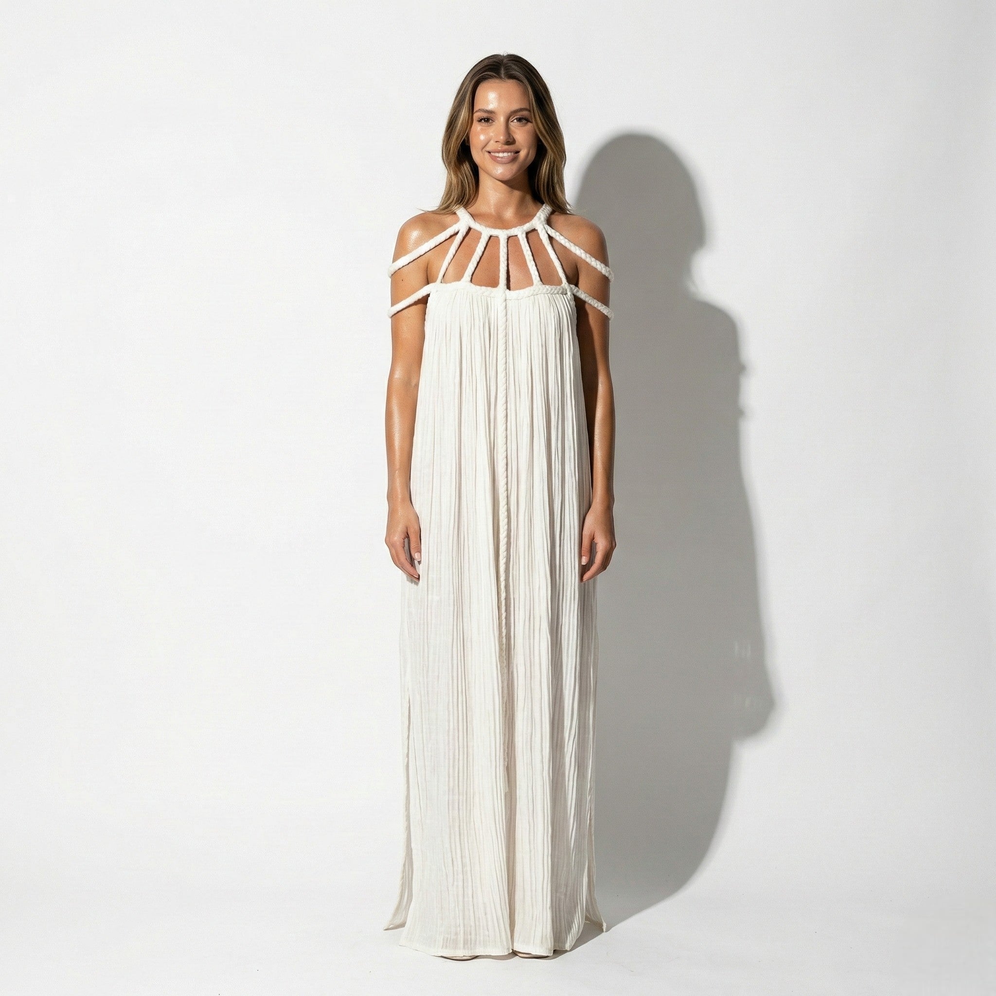 Elizabeth - Women's Draped Rope Neck Cover - Up Maxi Dress - Dresses - White - Taylor & Bennett