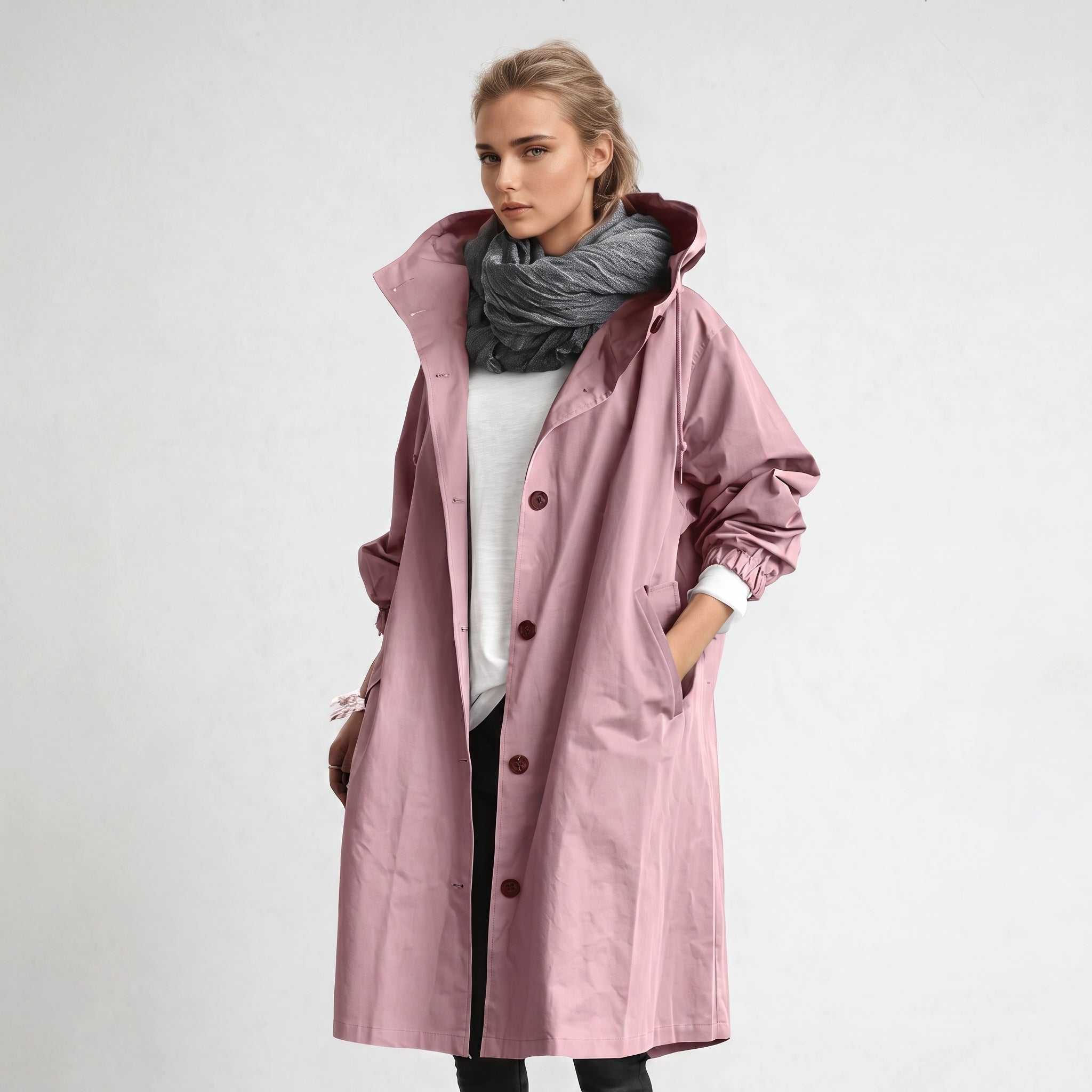 Elizabeth - Women's Hooded Longline Trench Coat with Drawstring Hood - Trench Coats - Pink - Taylor & Bennett