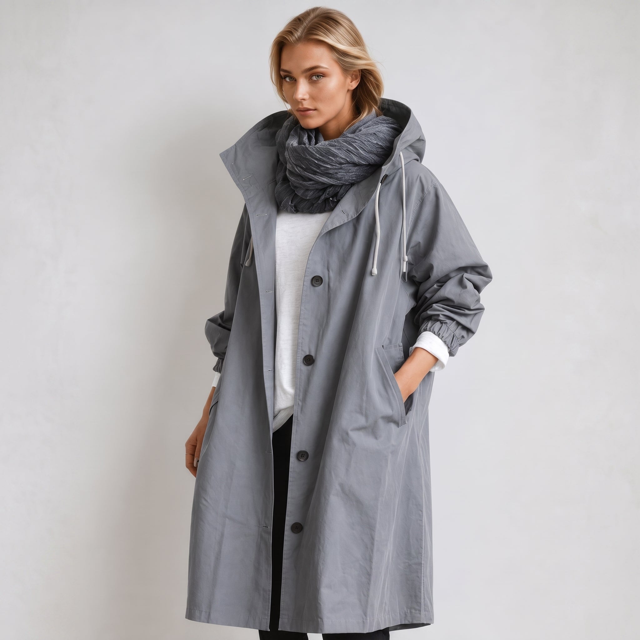 Elizabeth - Women's Hooded Longline Trench Coat with Drawstring Hood - Trench Coats - Grey - Taylor & Bennett