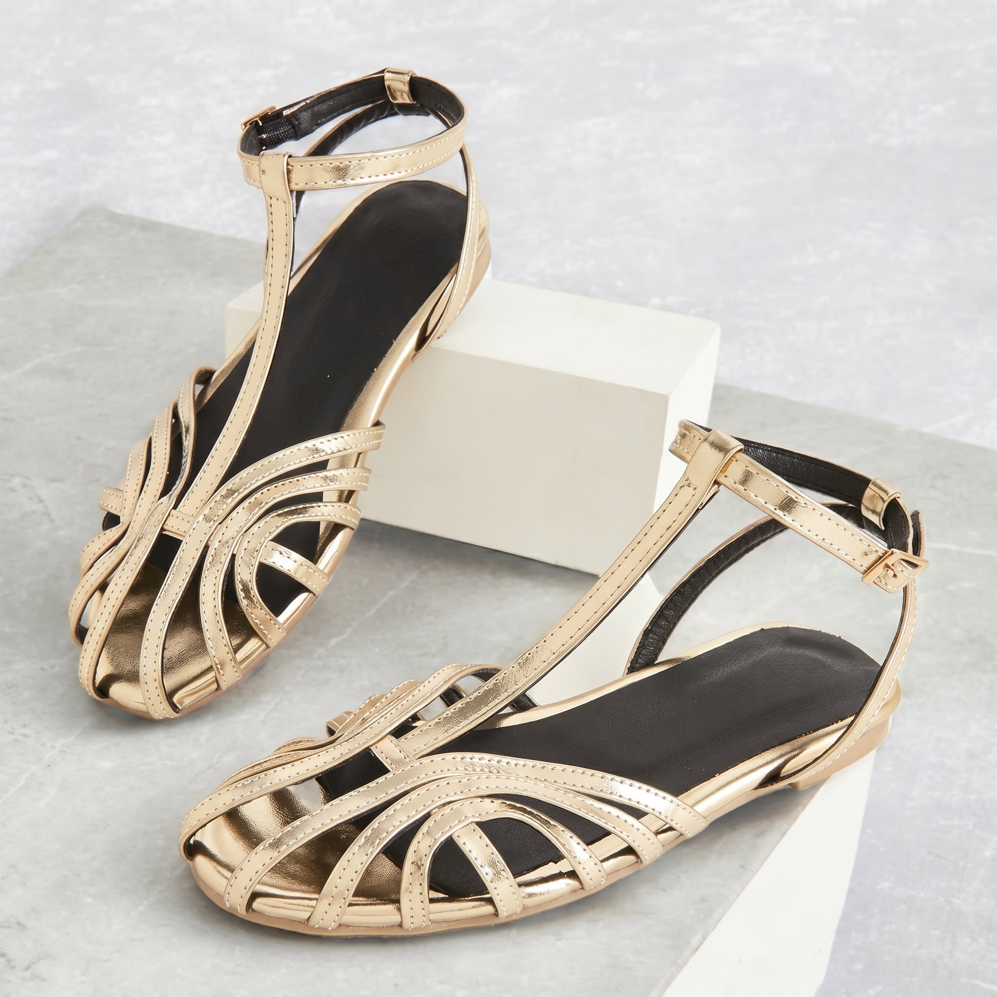 Elsa - Women's Open Toe Multi - Strap Flat Ankle Strap Sandals - Sandals - Grey - Taylor & Bennett