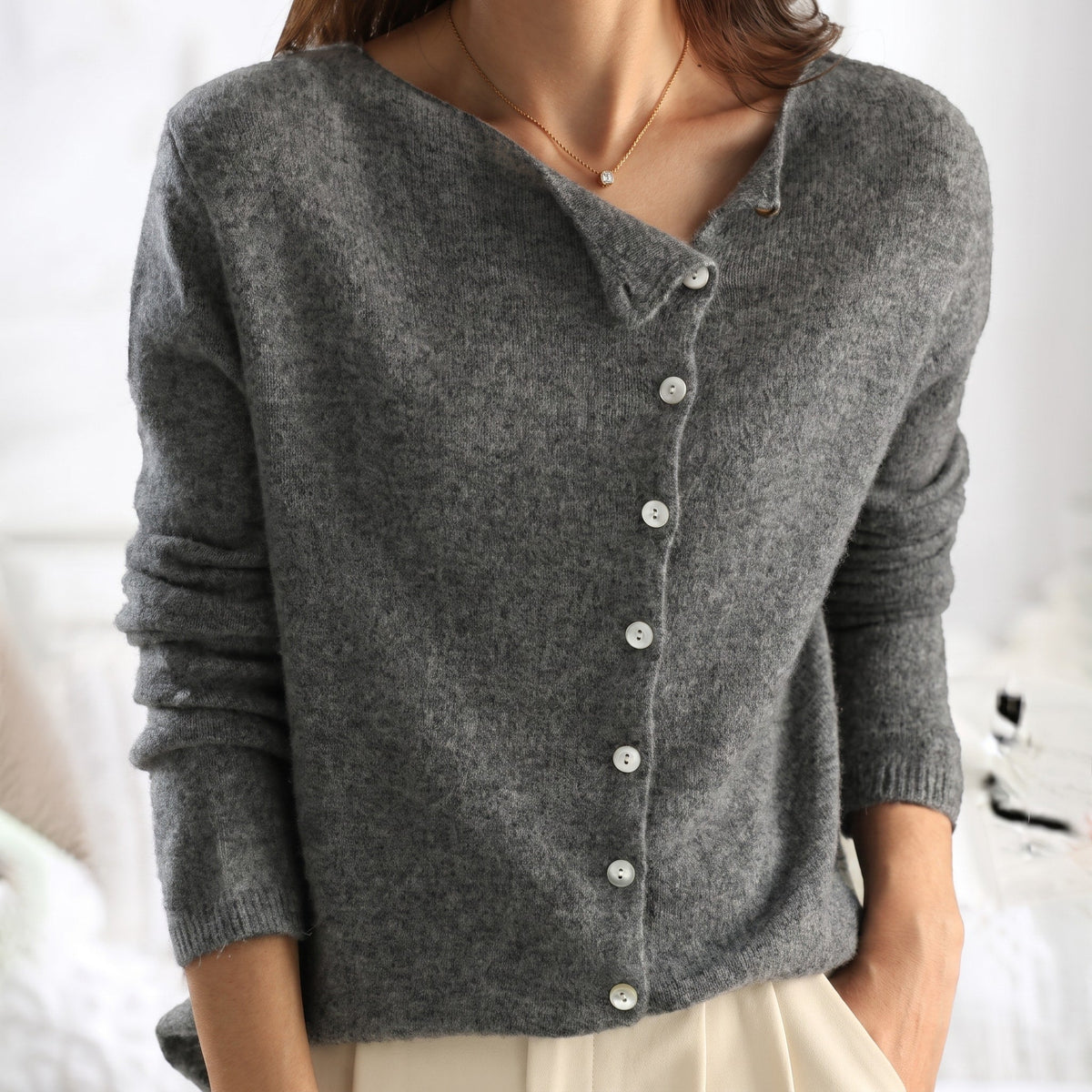 Emily - Women's Asymmetric Button-Front Long Sleeve Cardigan - Cardigans - Grey - Taylor & Bennett