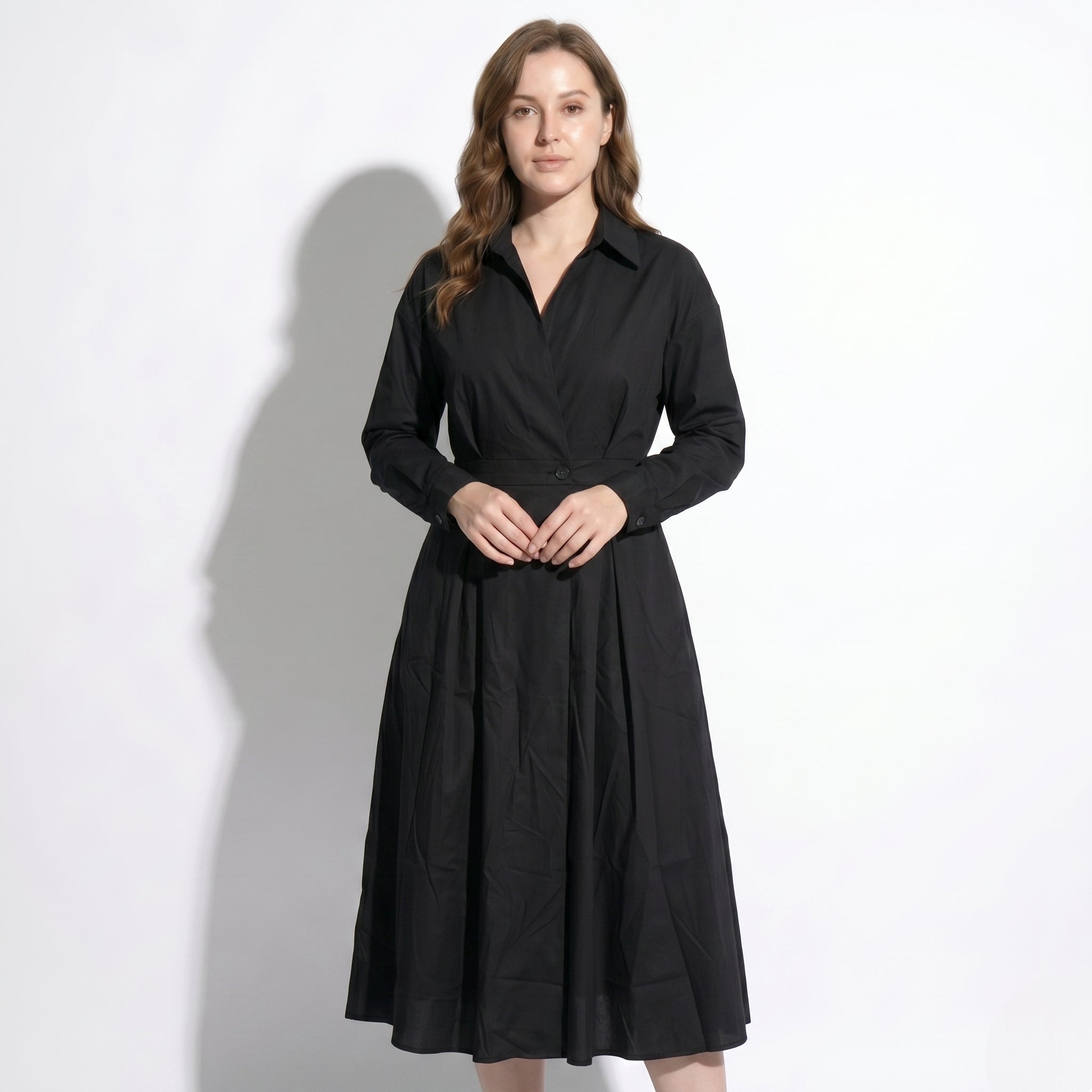 Emily - Women's Evening Long Sleeve Pleated Midi Dress - Dresses - Black - Taylor & Bennett