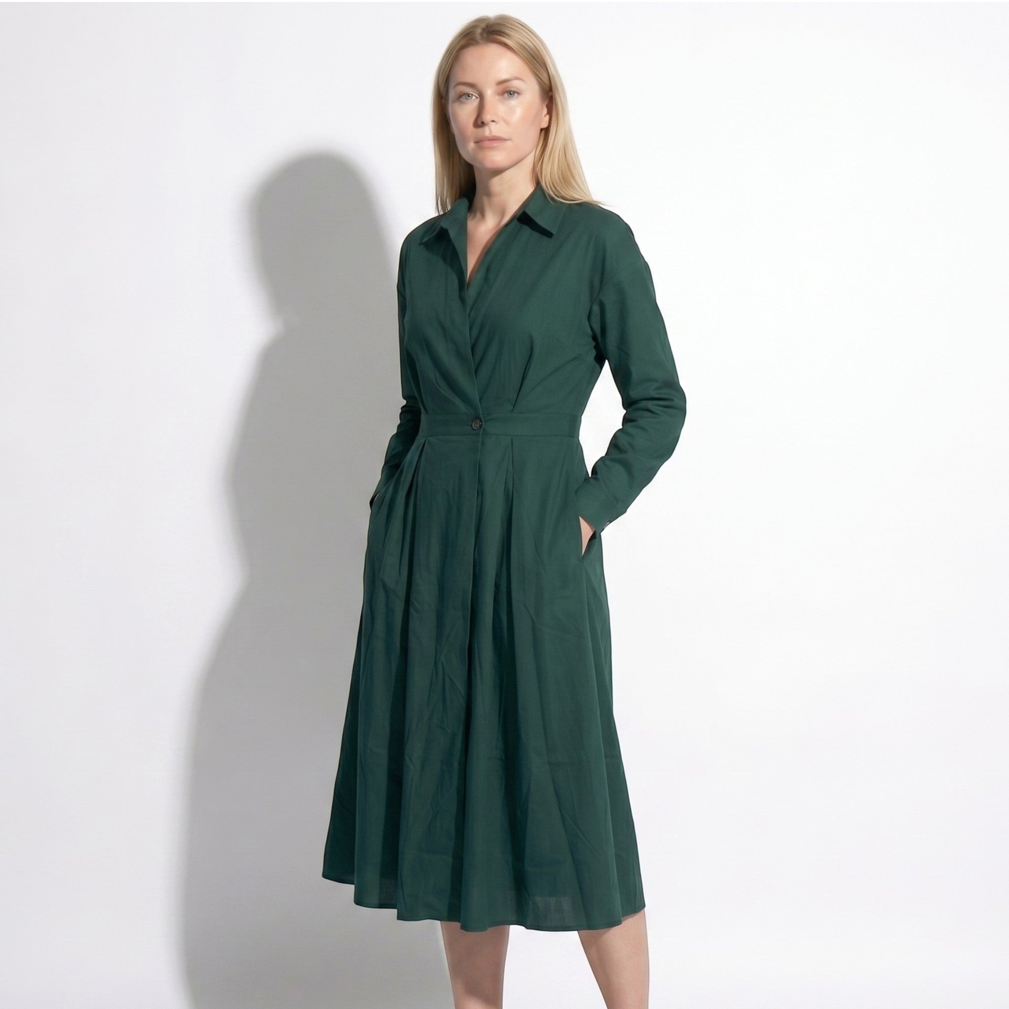 Emily - Women's Evening Long Sleeve Pleated Midi Dress - Dresses - Army Green - Taylor & Bennett