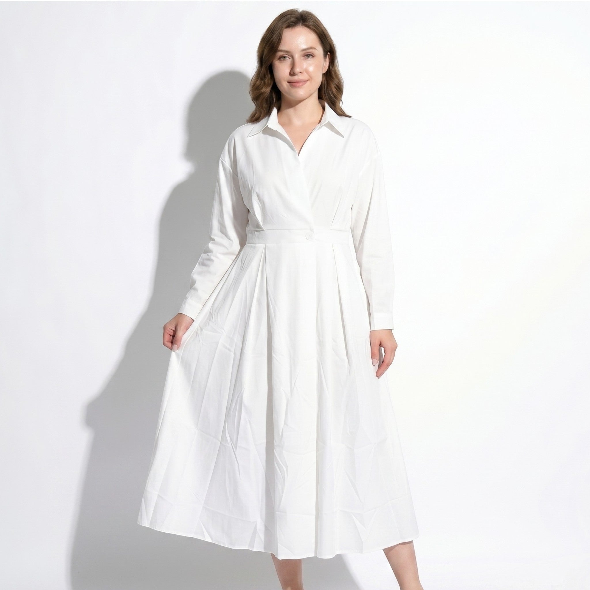 Emily - Women's Evening Long Sleeve Pleated Midi Dress - Dresses - White - Taylor & Bennett