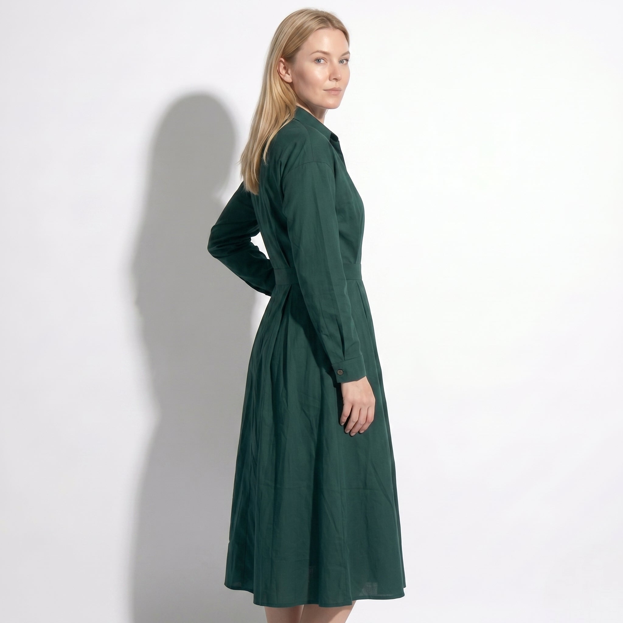 Emily - Women's Evening Long Sleeve Pleated Midi Dress - Dresses - Army Green - Taylor & Bennett