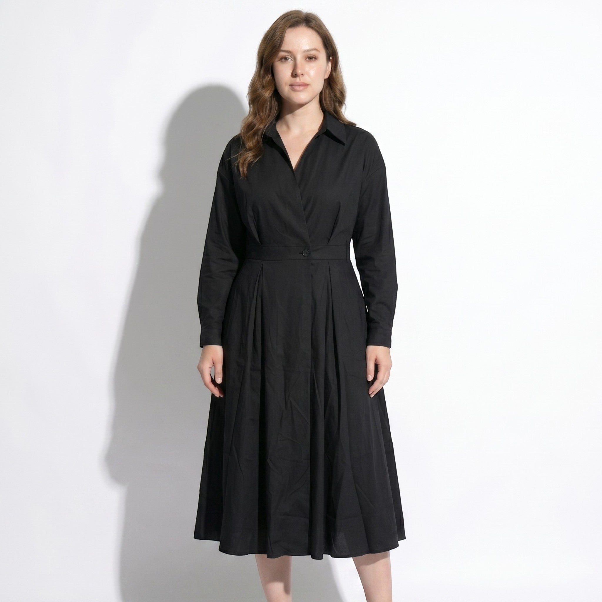 Emily - Women's Evening Long Sleeve Pleated Midi Dress - Dresses - Black - Taylor & Bennett