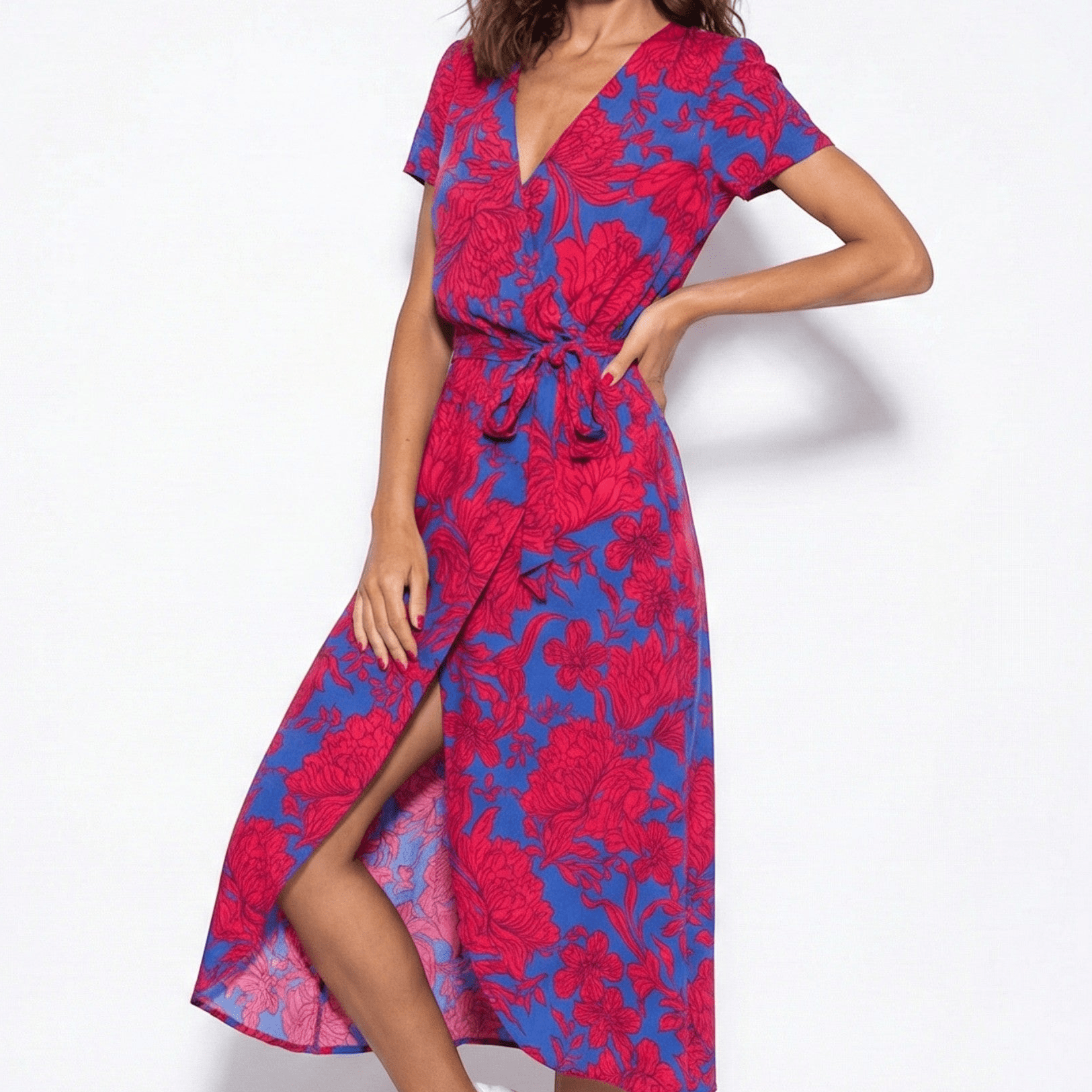 Emily - Women's Floral Wrap Maxi Dress with V - Neck - Dress - Red/Blue - Taylor & Bennett