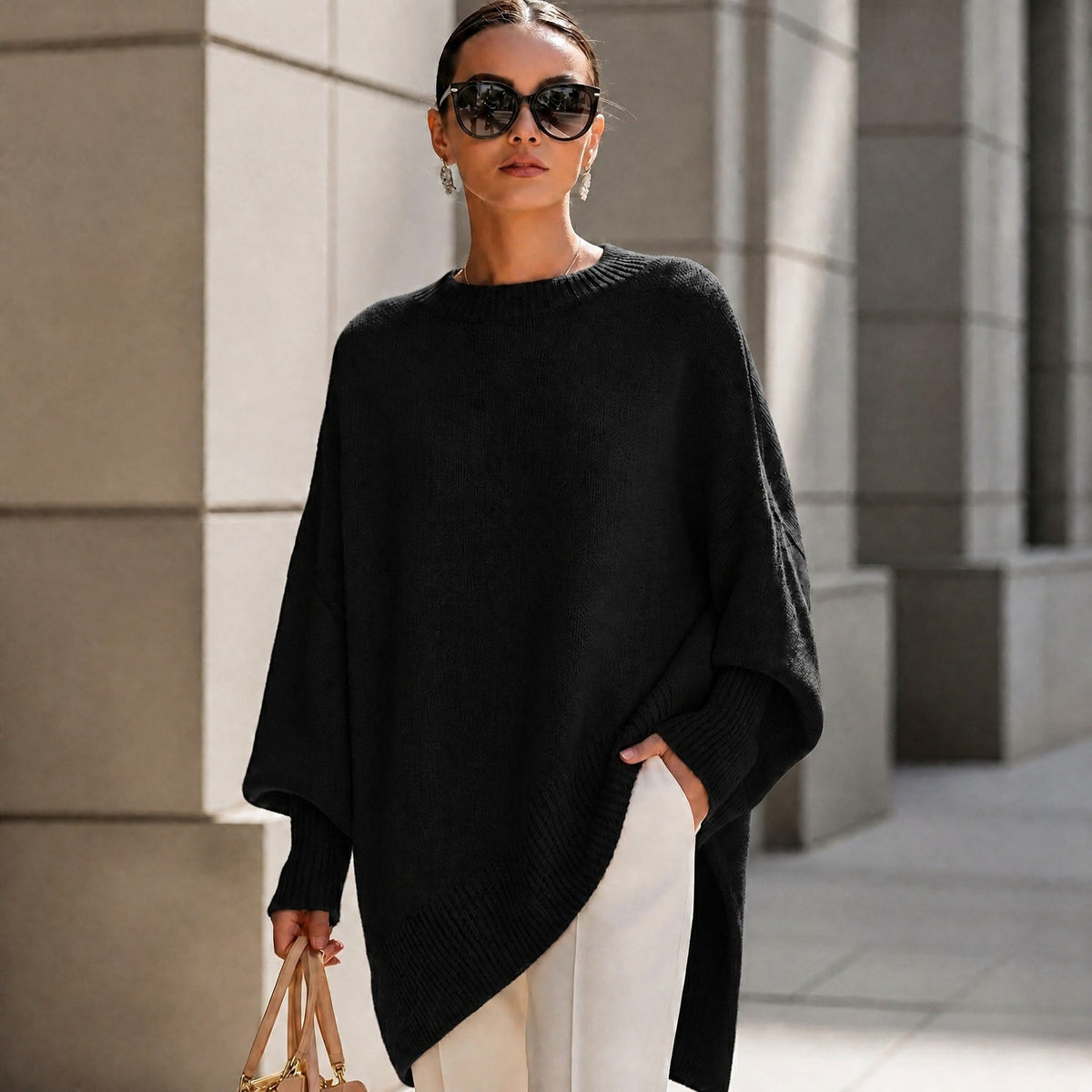 Emma - Women's Oversized Ribbed Cuff Knit Jumper - Sweaters - Black - Taylor & Bennett