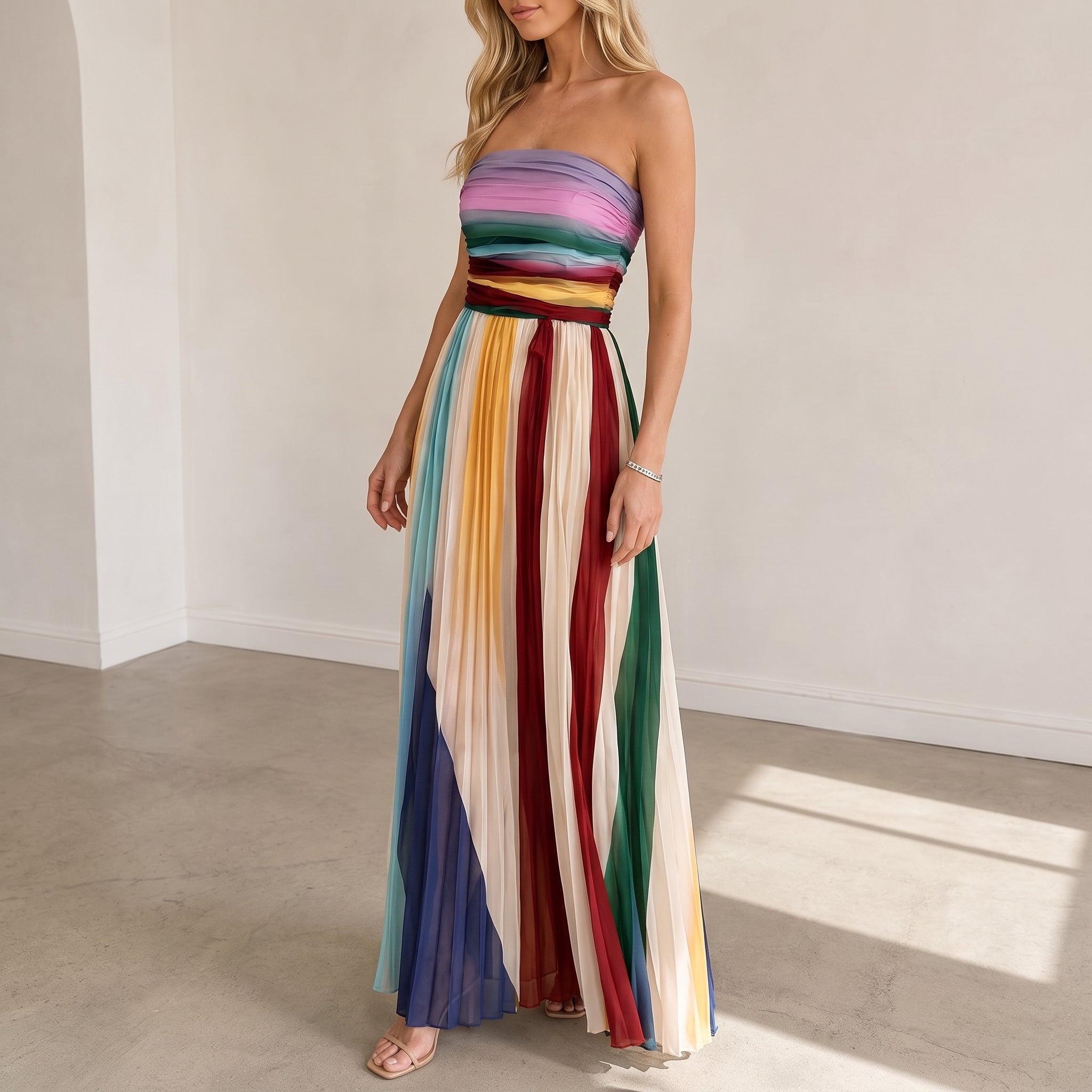 Emma – Women's Strapless Pleated Stripe Party Maxi Dress - Dresses - Cream - Taylor & Bennett