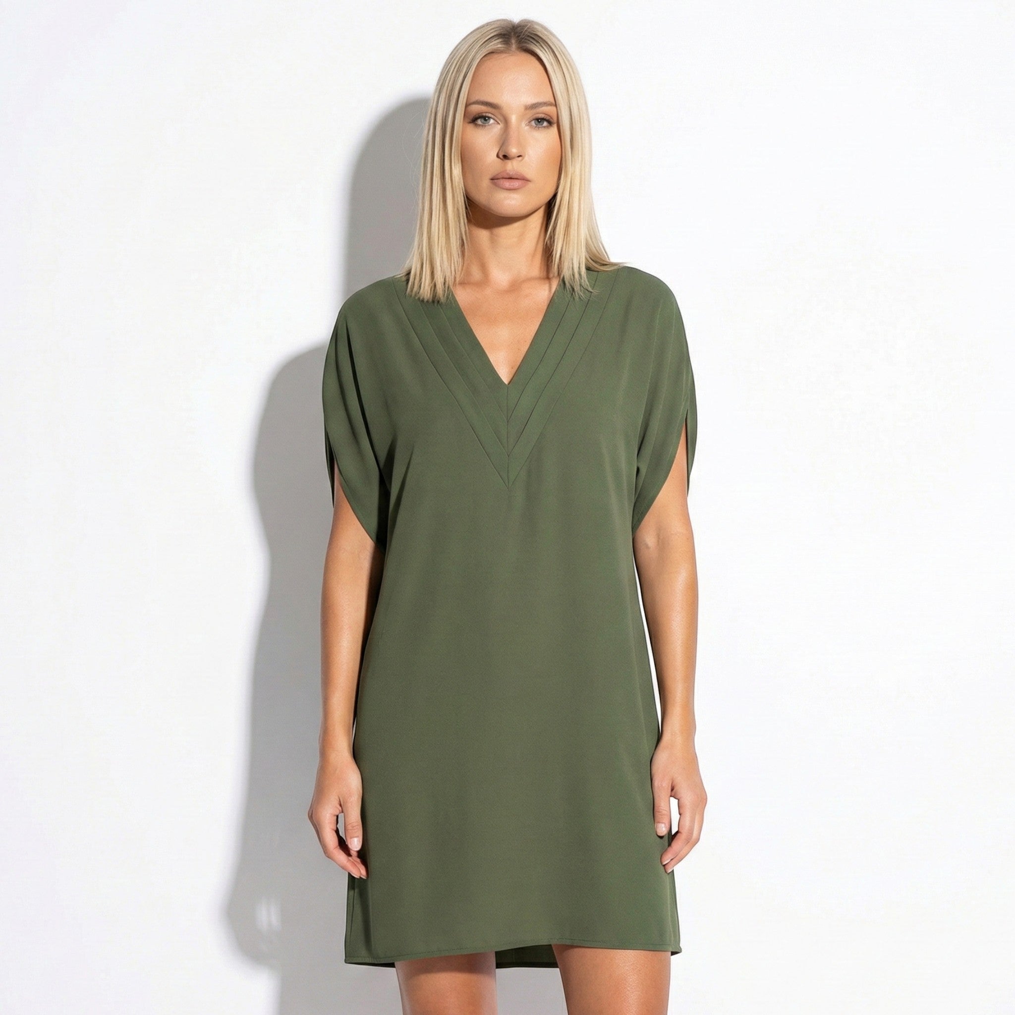 Emma - Women's V - Neck Mini Dress with Relaxed Fit and Short Sleeves - Dress - Army Green - Taylor & Bennett