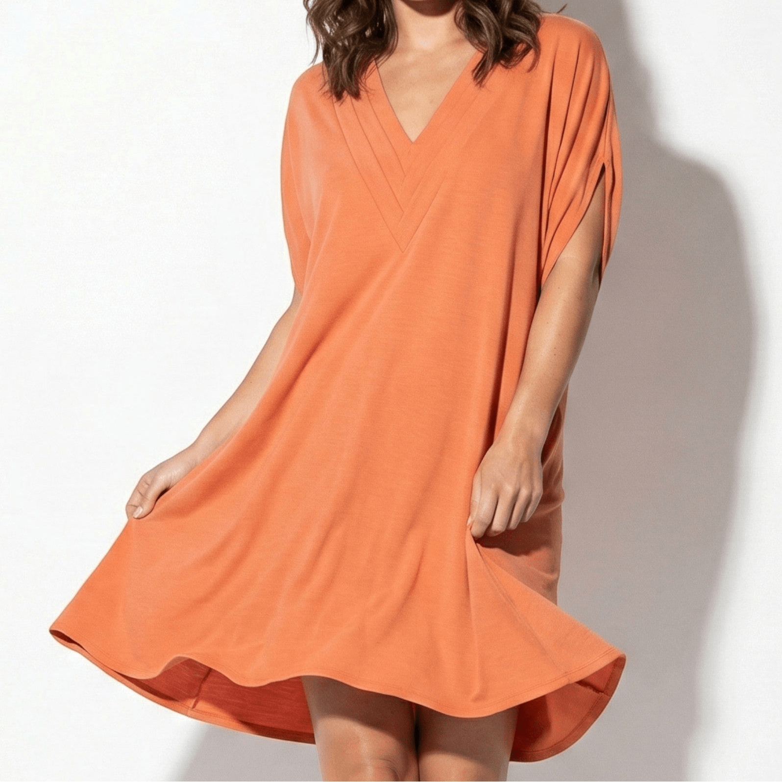 Emma - Women's V - Neck Mini Dress with Relaxed Fit and Short Sleeves - Dress - Orange - Taylor & Bennett