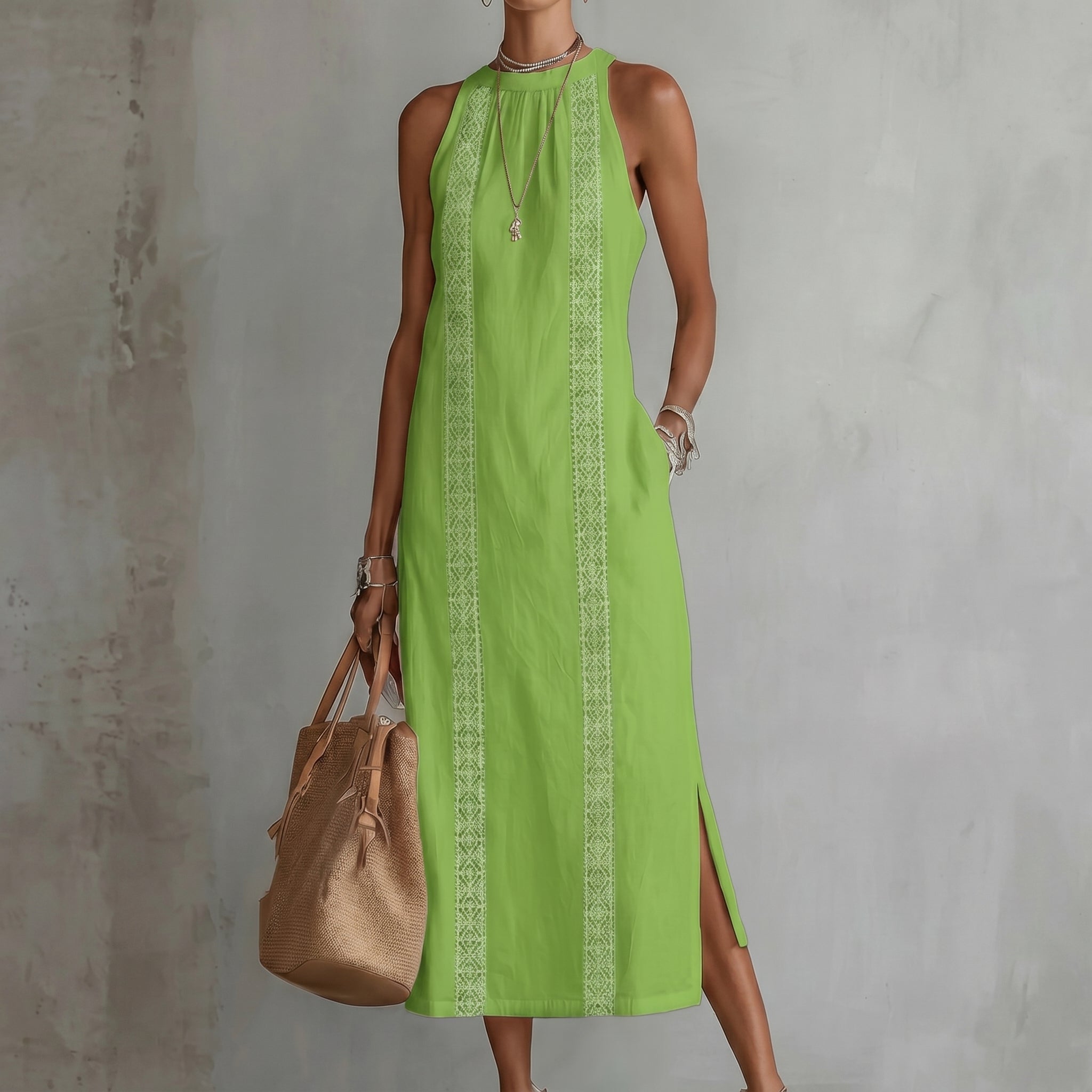 Evelin - Women's Summer Lace Panel Side Split Maxi Dress - Maxi Dress - Green - Taylor & Bennett