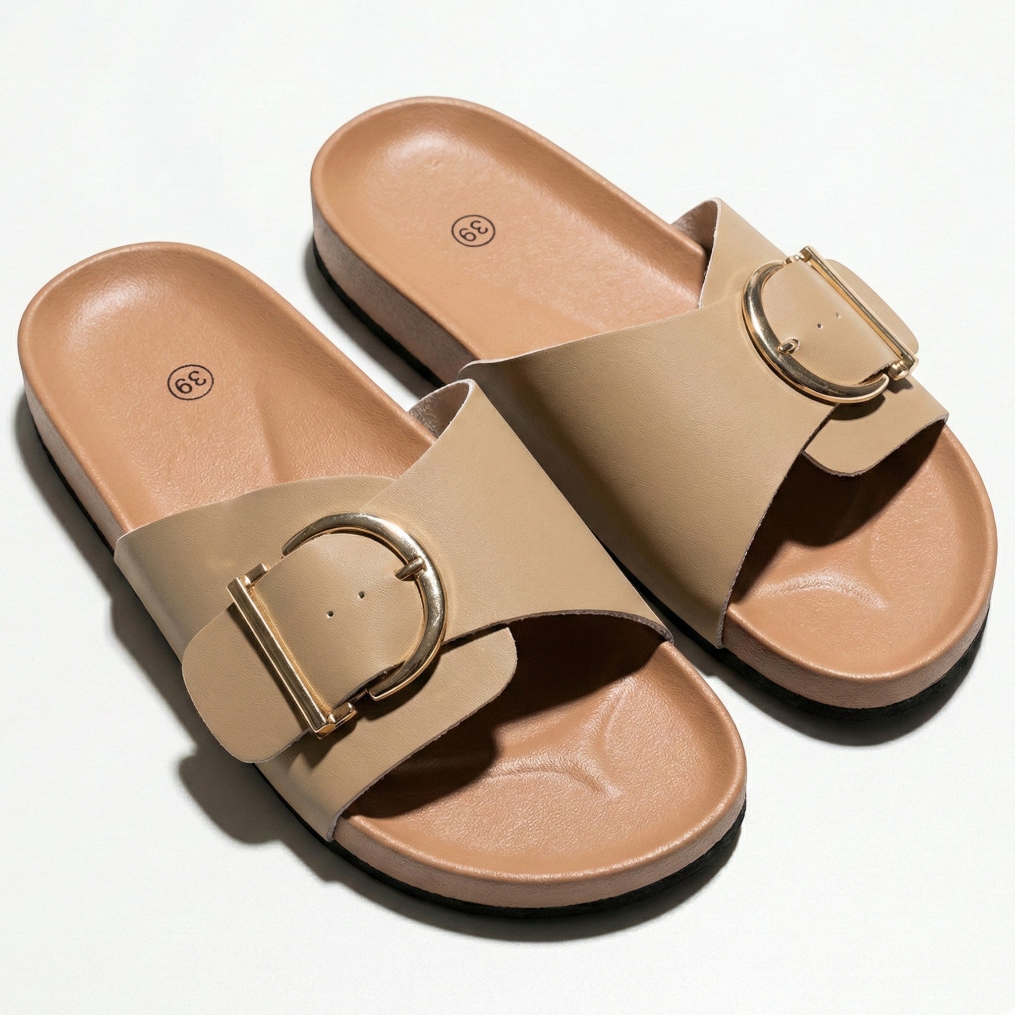 Evie - Women's Cork Mules with Buckle Strap Sandals - Sandals - Khaki - Taylor & Bennett