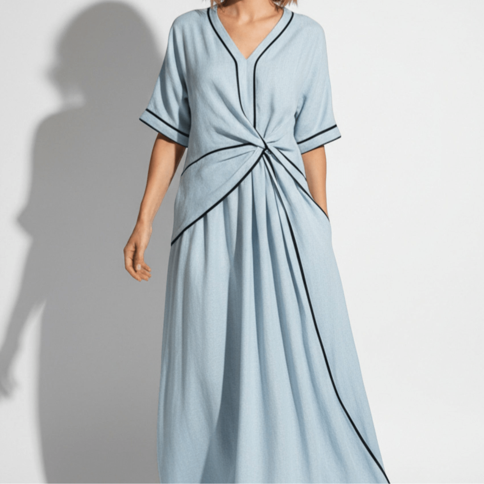 Evie - Women's Loose V - Neck Maxi Dress with Contrast Trim - Dress - Light Blue - Taylor & Bennett