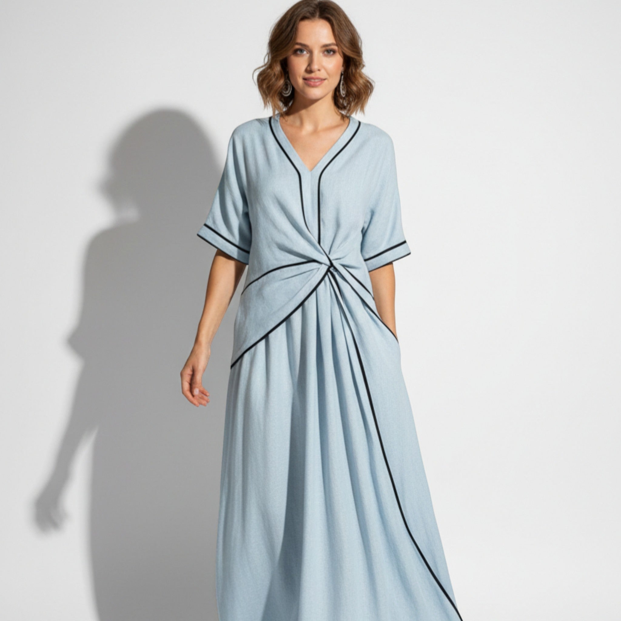 Evie - Women's Loose V - Neck Maxi Dress with Contrast Trim - Dress - Light Blue - Taylor & Bennett