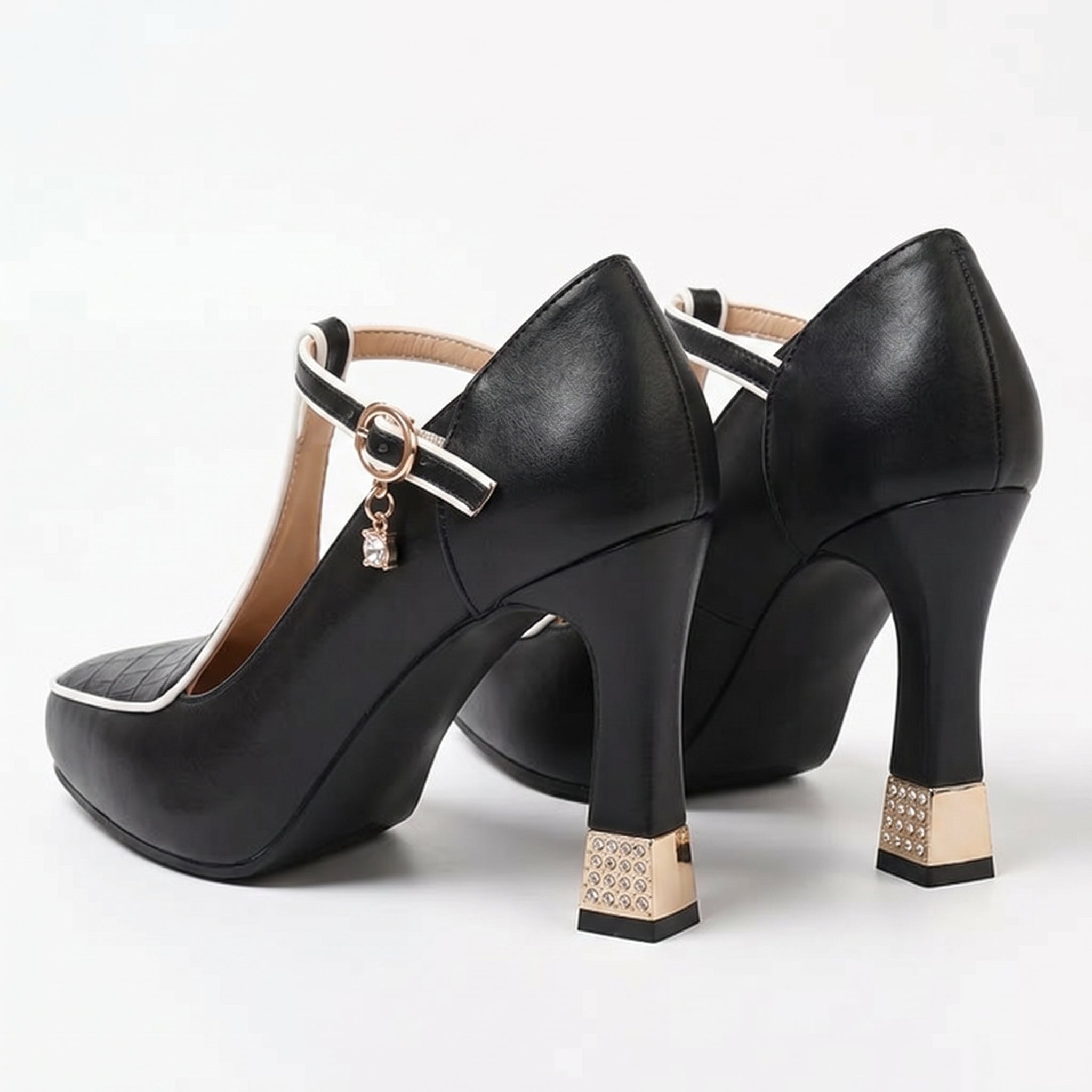 Evie - Women's T - Strap Block Heels - Sandal - Black - Taylor & Bennett