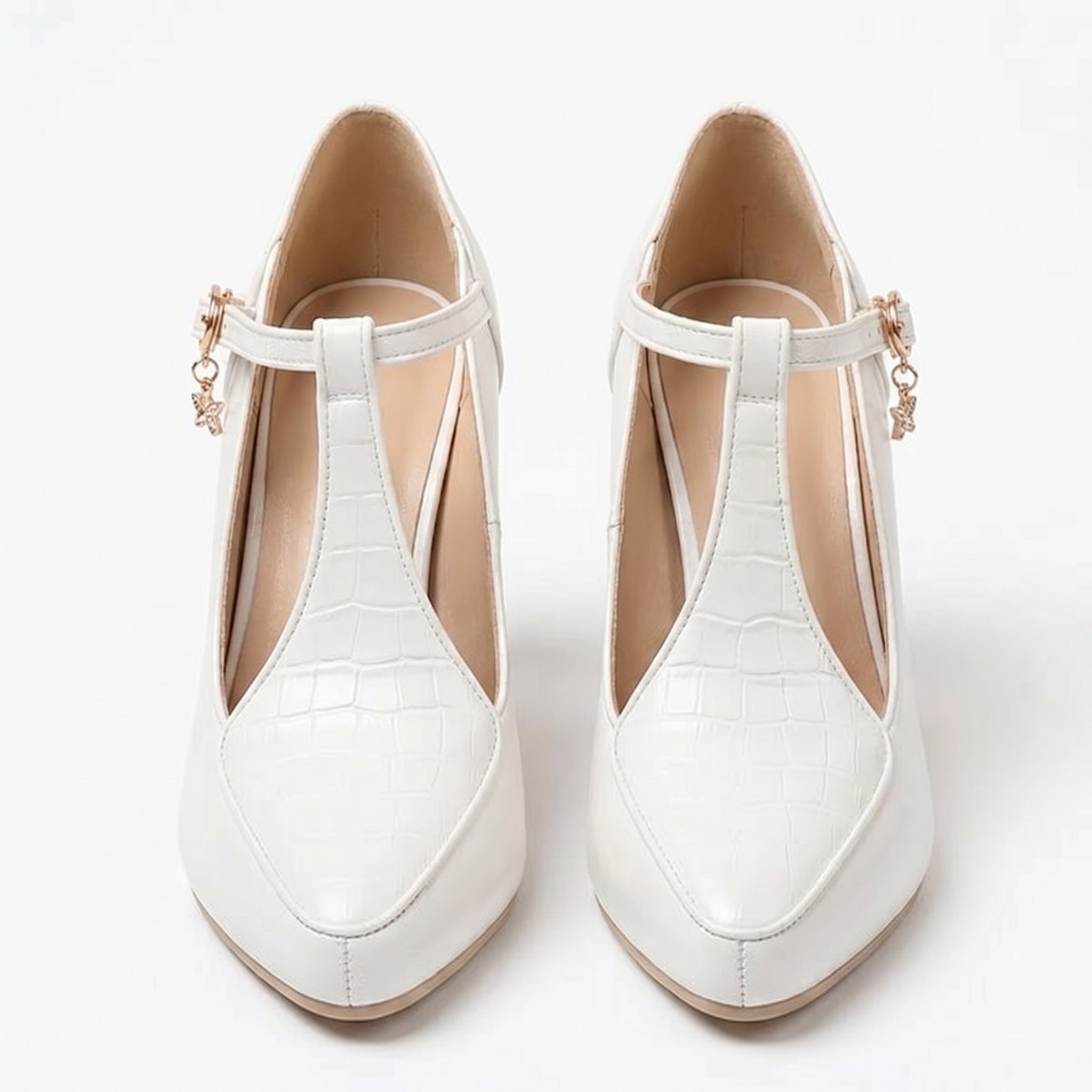 Evie - Women's T - Strap Block Heels - Sandal - White - Taylor & Bennett