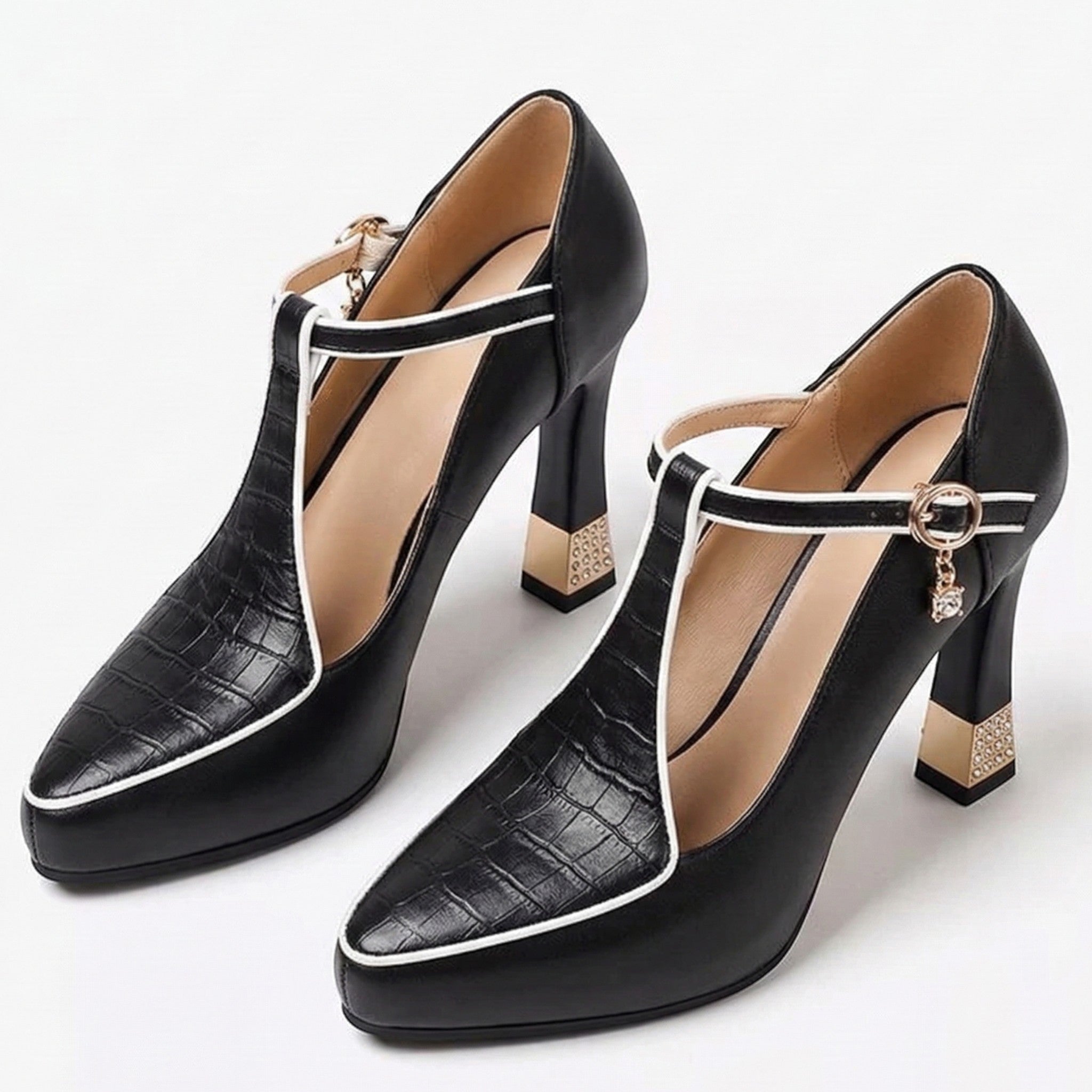 Evie - Women's T - Strap Block Heels with Square Toe - Sandal - Black - Taylor & Bennett