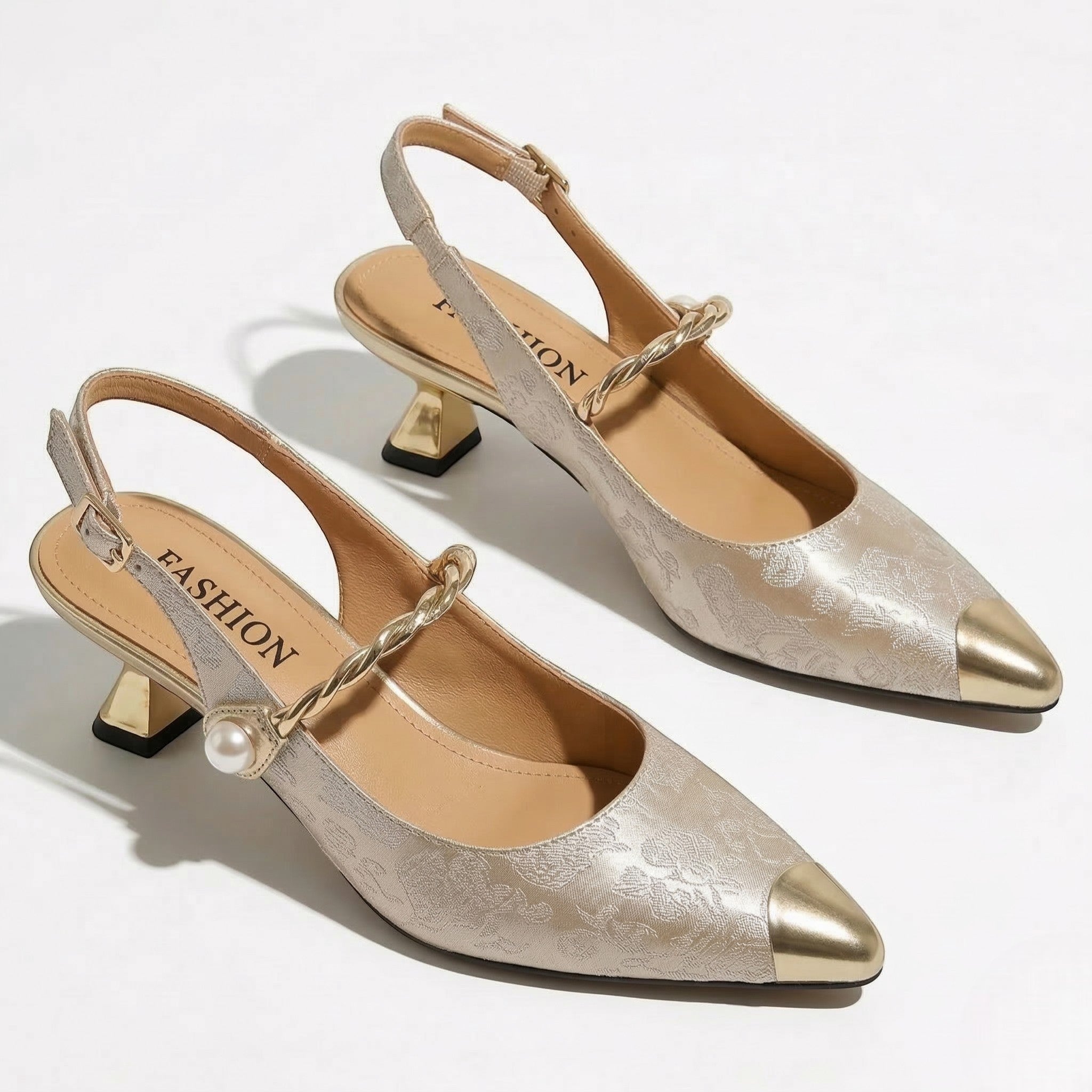 Flora - Women's Kitten Heels with Metallic Pointed Toe and Pearl Strap - Sandal - Beige - Taylor & Bennett