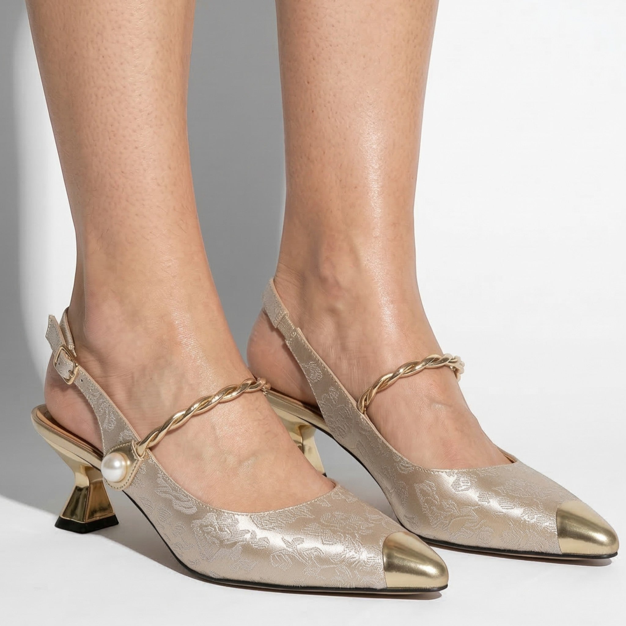 Flora - Women's Kitten Heels with Metallic Pointed Toe and Pearl Strap - Sandal - Beige - Taylor & Bennett