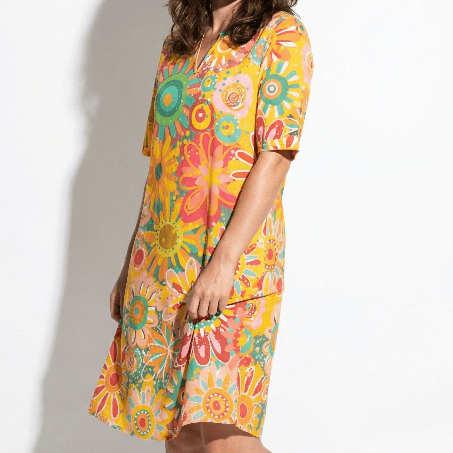 Florence - Women's Floral V - Neck Summer Mini Dress - Women Dress - Yellow - Taylor & Bennett
