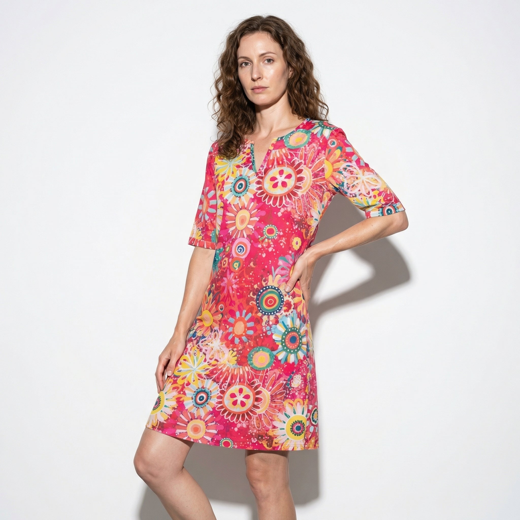 Florence - Women's Floral V - Neck Summer Mini Dress - Women Dress - Pink - Taylor & Bennett