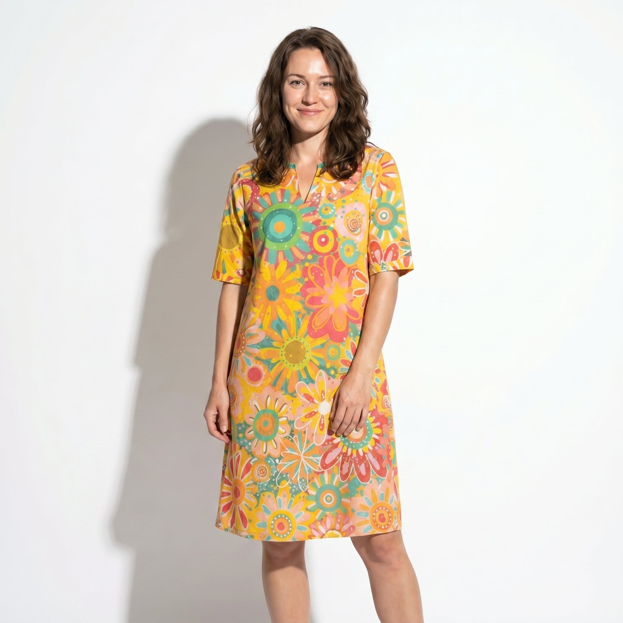 Florence - Women's Floral V - Neck Summer Mini Dress - Women Dress - Yellow - Taylor & Bennett