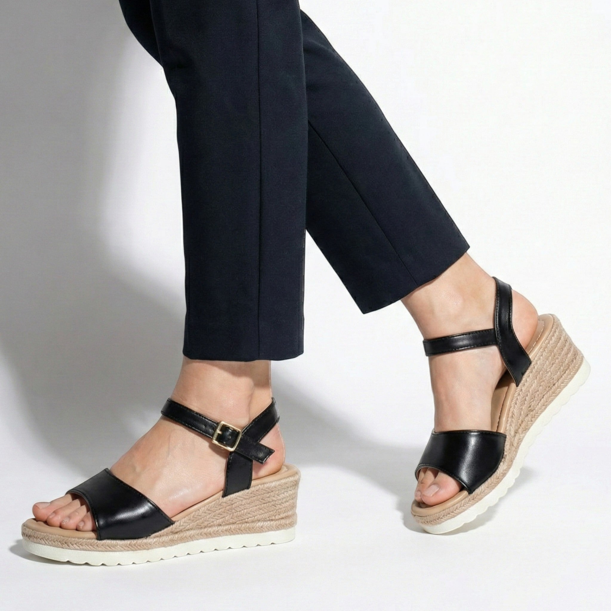 Florence - Women's Wedge Sandals with Adjustable Ankle Straps - Sandals - Black - Taylor & Bennett