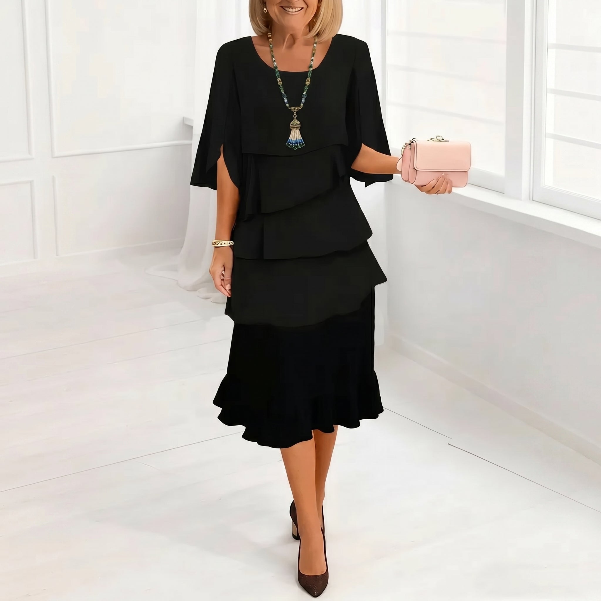 Frances - Women's Casual Tiered Ruffle Midi Dress - Midi Dress - Black - Taylor & Bennett