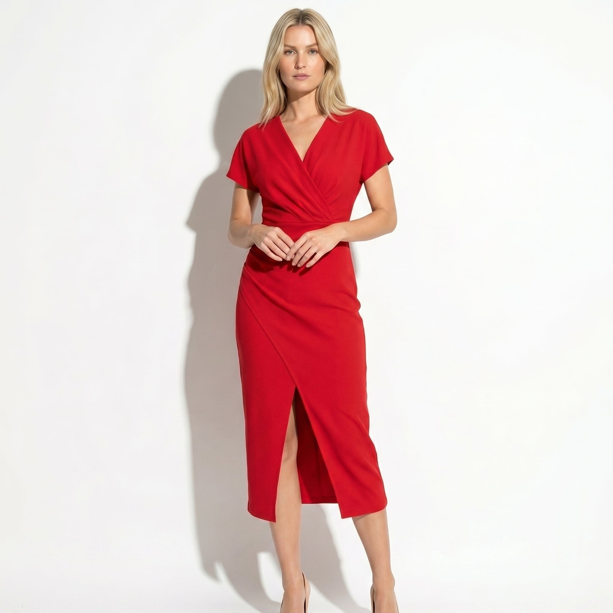 Freya - Women's Ruched Bodycon Casual Midi Dress - Dresses - Red - Taylor & Bennett