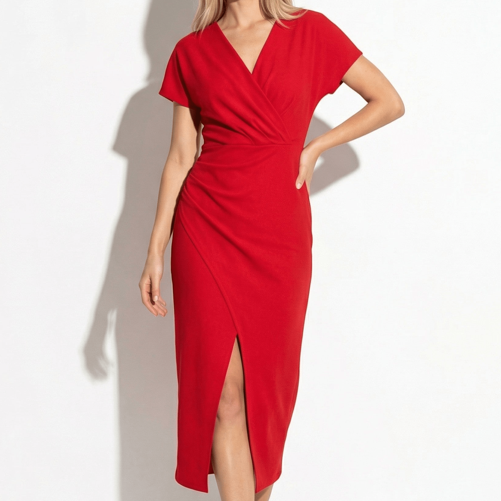 Freya - Women's Ruched Bodycon Casual Midi Dress - Dresses - Red - Taylor & Bennett