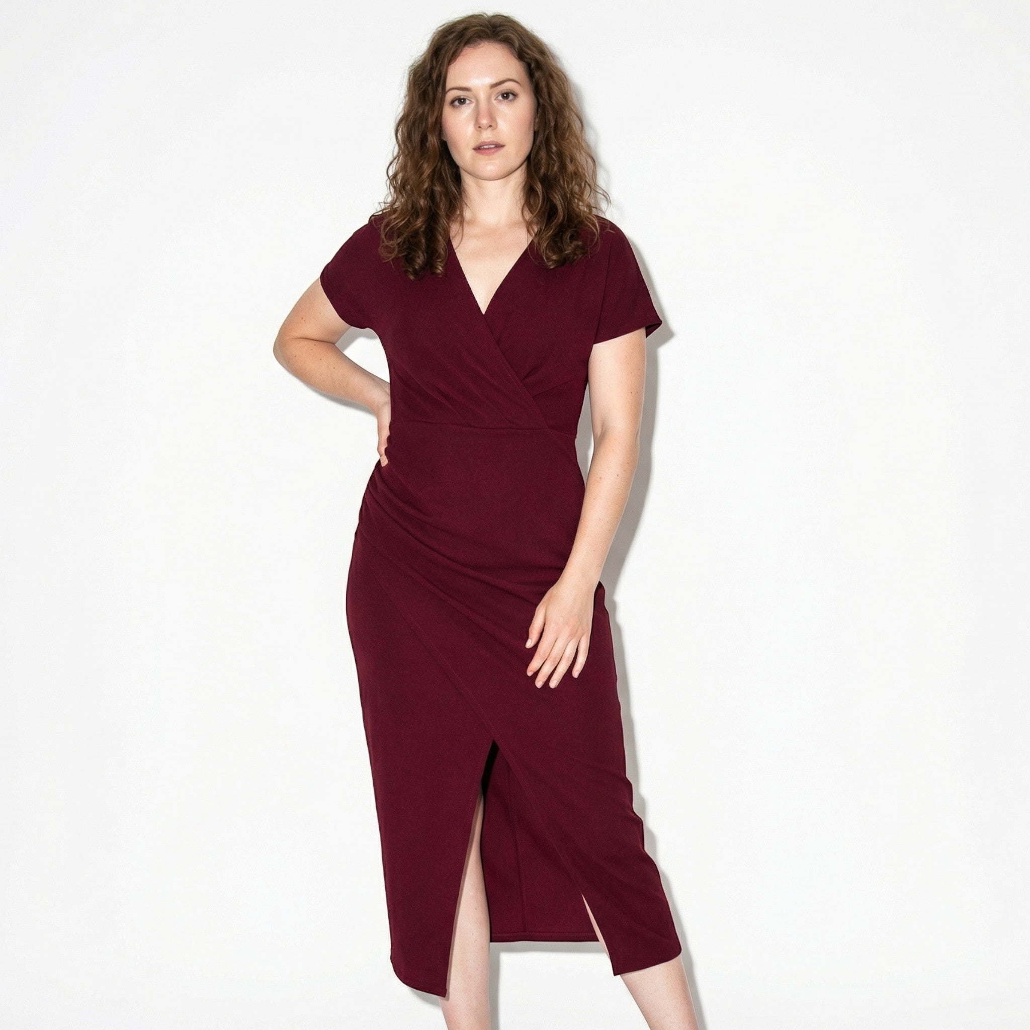 Freya - Women's Ruched Bodycon Casual Midi Dress - Dresses - Burgundy - Taylor & Bennett