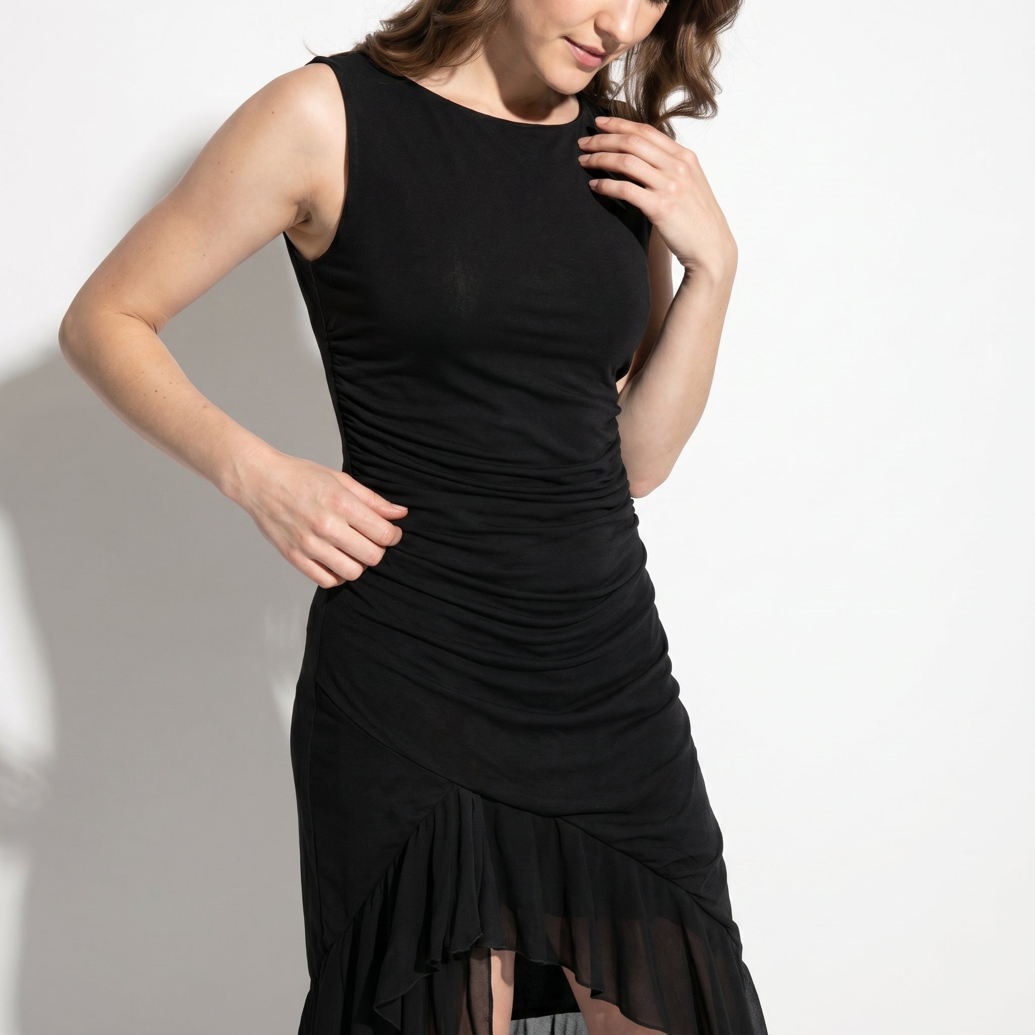 Freya - Women's Ruched Sleeveless Party Midi Dress - Midi Dresses - Black - Taylor & Bennett