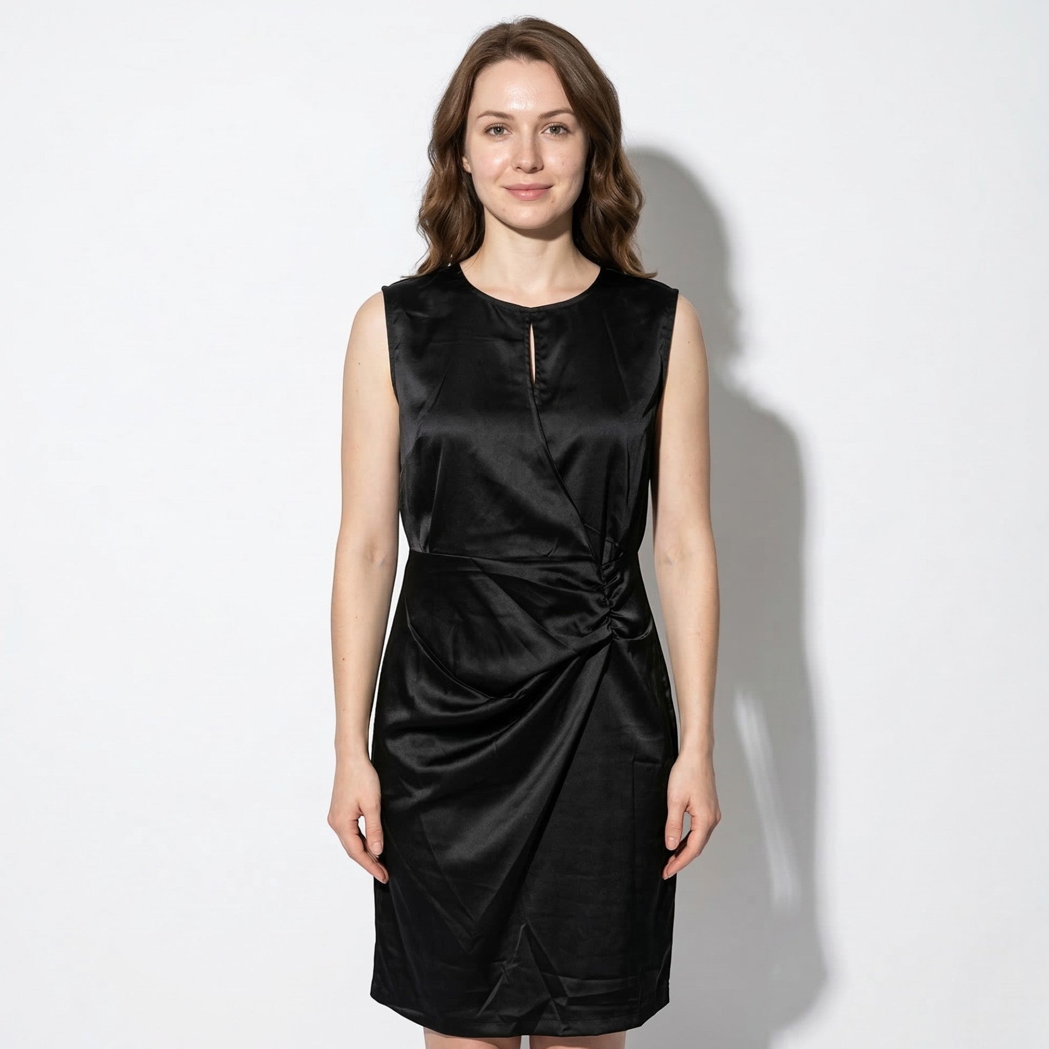 Freya - Women's Sleeveless Mini Dress with Side Draping - Mini Dresses - Black - Taylor & Bennett