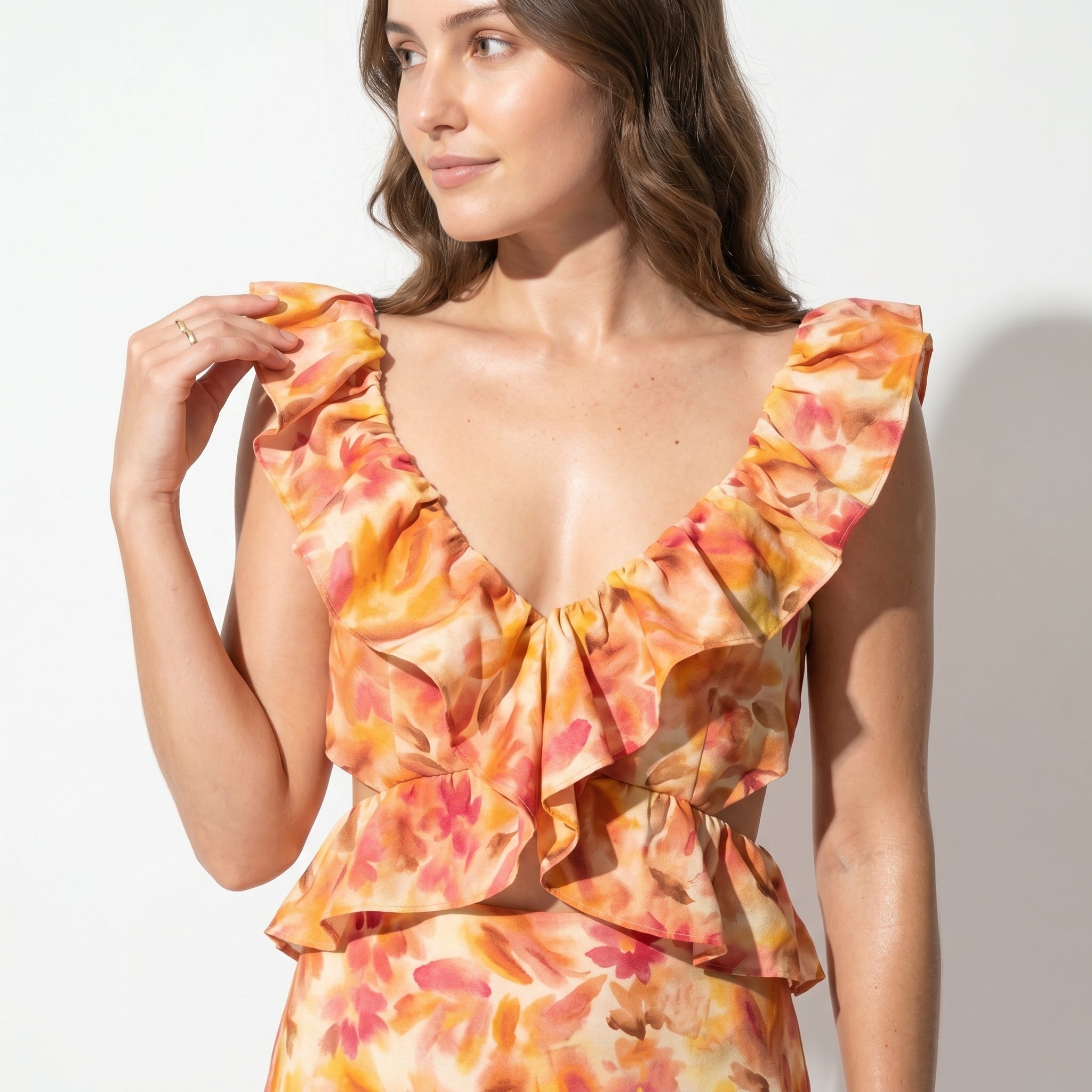 Freya - Women's Summer Floral Ruffled Maxi Dress - Maxi Dress - Orange - Taylor & Bennett