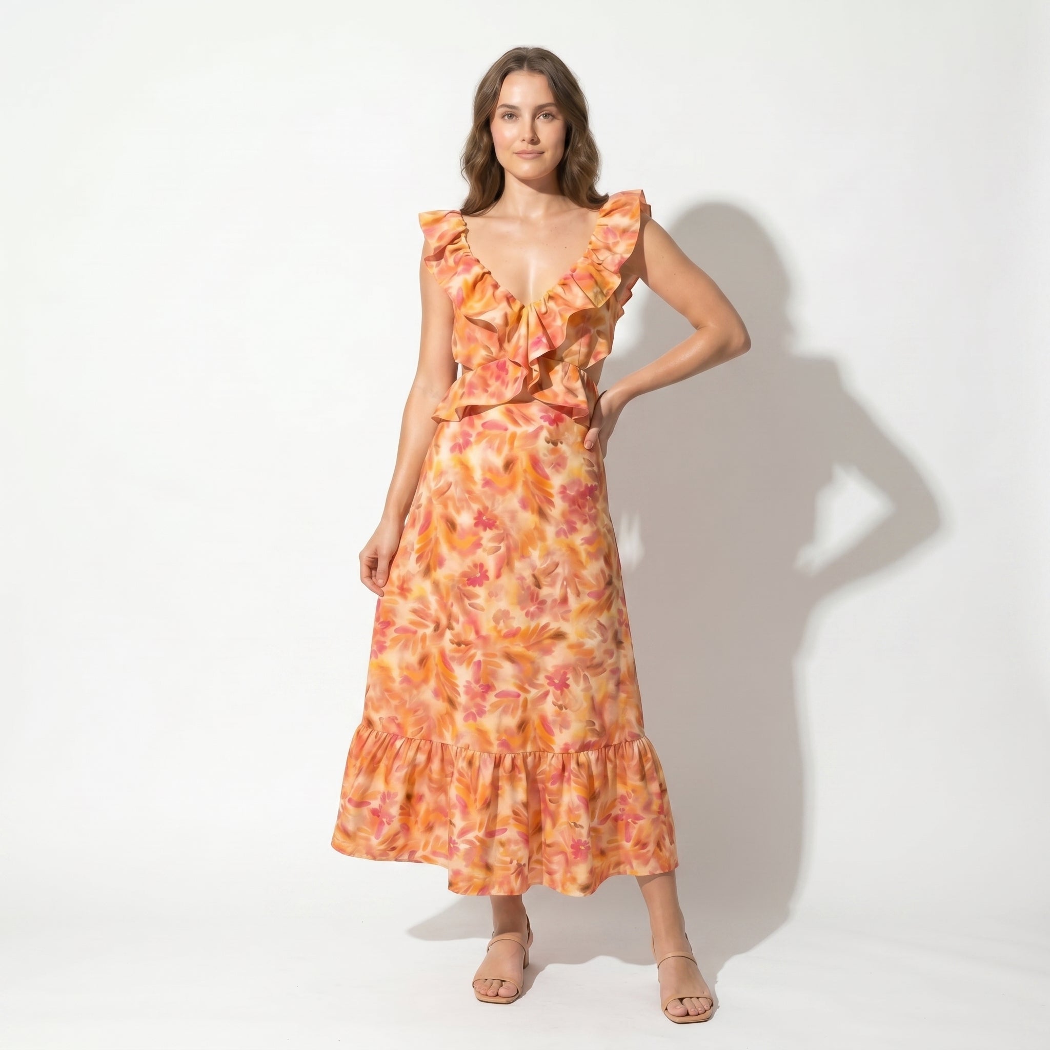 Freya - Women's Summer Floral Ruffled Maxi Dress - Maxi Dress - Orange - Taylor & Bennett