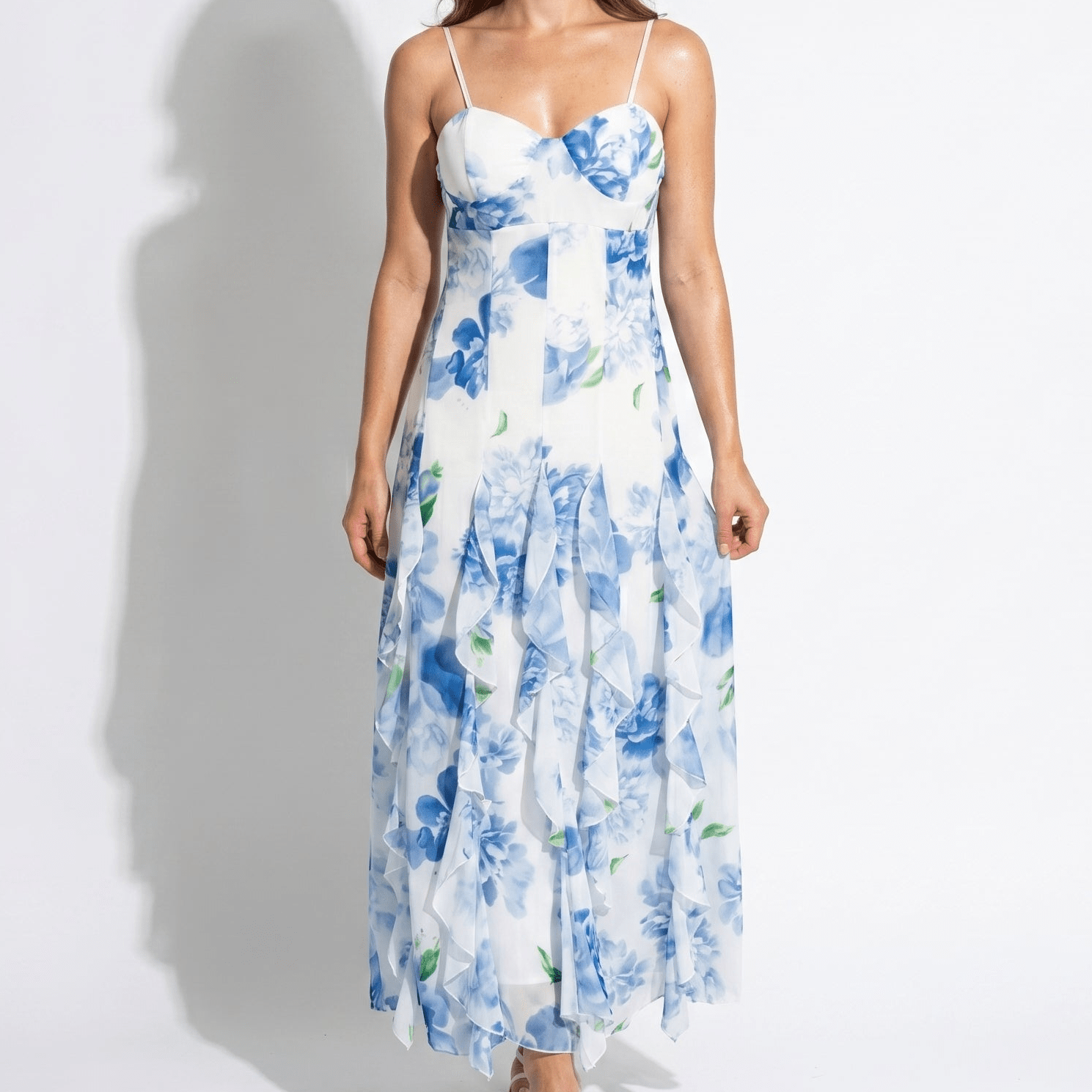 Freya - Women's Wedding Guest Floral Chiffon Maxi Dress - Maxi Dress - Blue - Taylor & Bennett