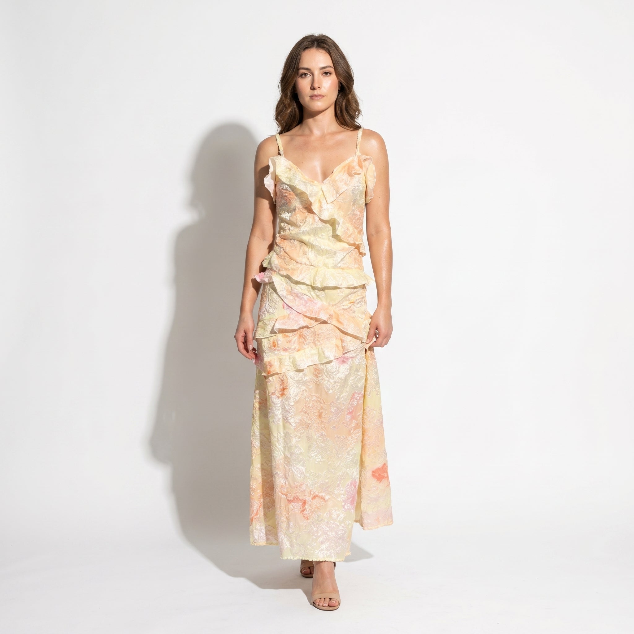 Freya - Women's Wedding Guest Floral Ruffle V - Neck Maxi Dress - Maxi Dress - Yellow - Taylor & Bennett