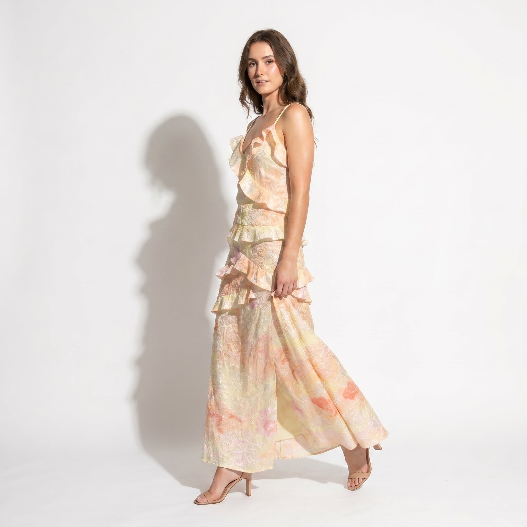 Freya - Women's Wedding Guest Floral Ruffle V - Neck Maxi Dress - Maxi Dress - Yellow - Taylor & Bennett