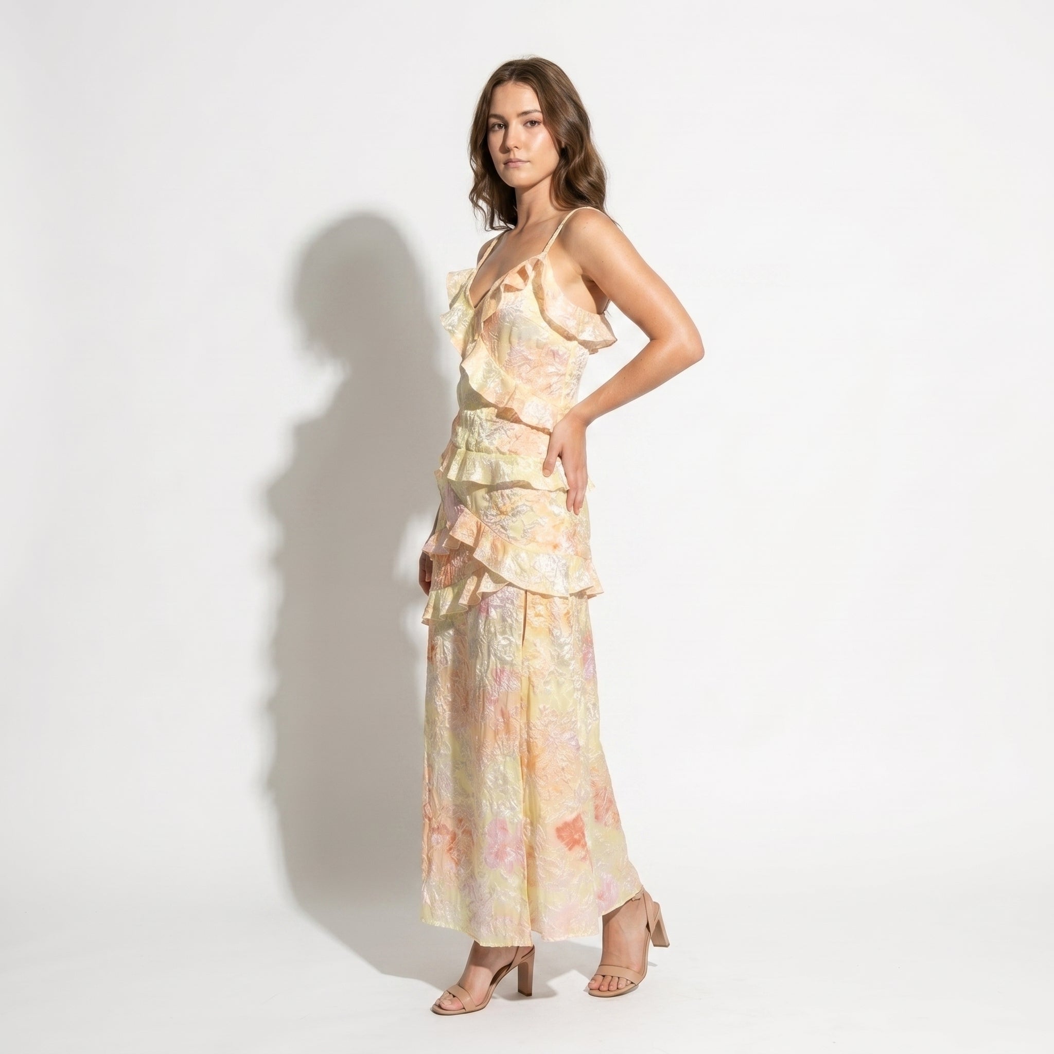 Freya - Women's Wedding Guest Floral Ruffle V - Neck Maxi Dress - Maxi Dress - Yellow - Taylor & Bennett