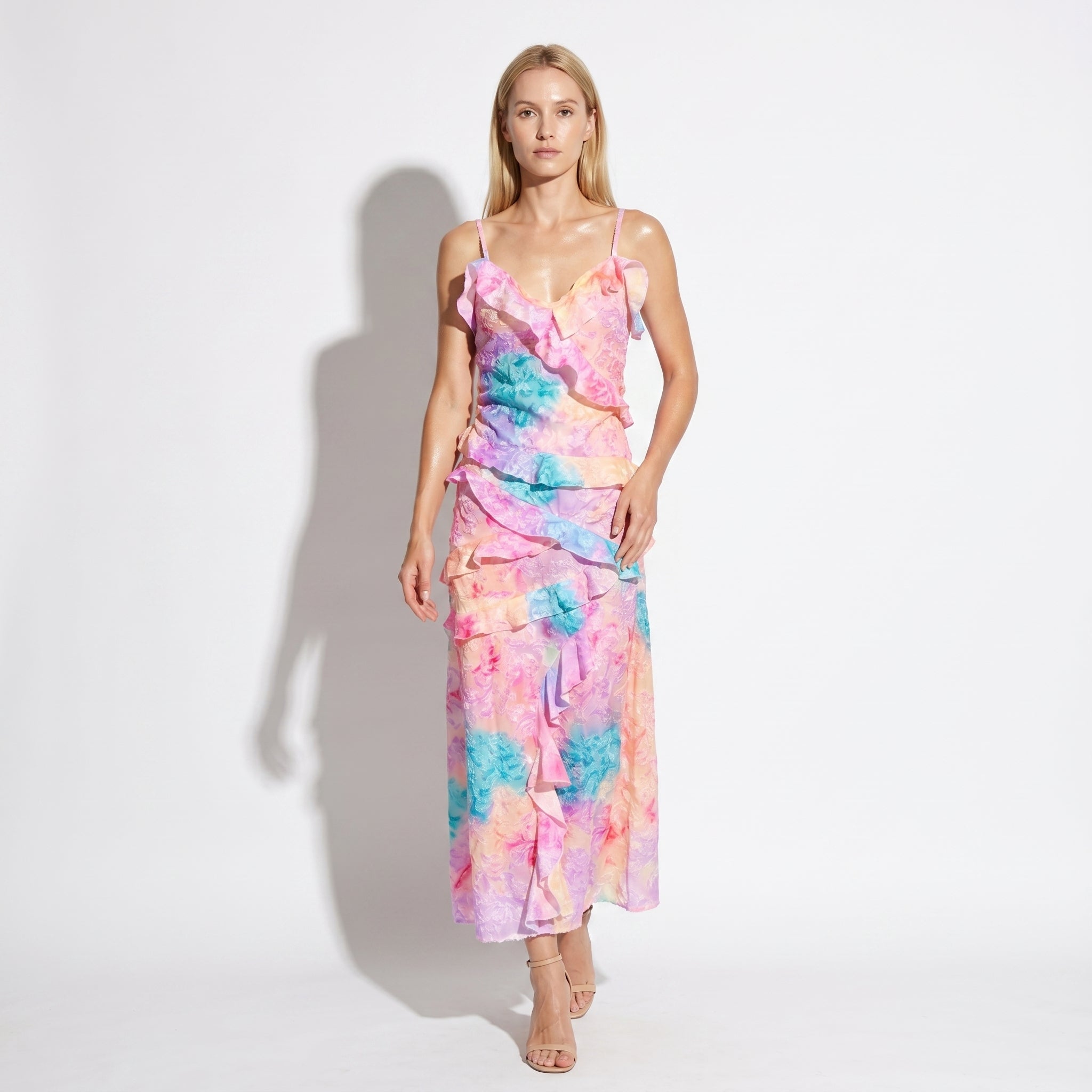 Freya - Women's Wedding Guest Floral Ruffle V - Neck Maxi Dress - Maxi Dress - Pink - Taylor & Bennett