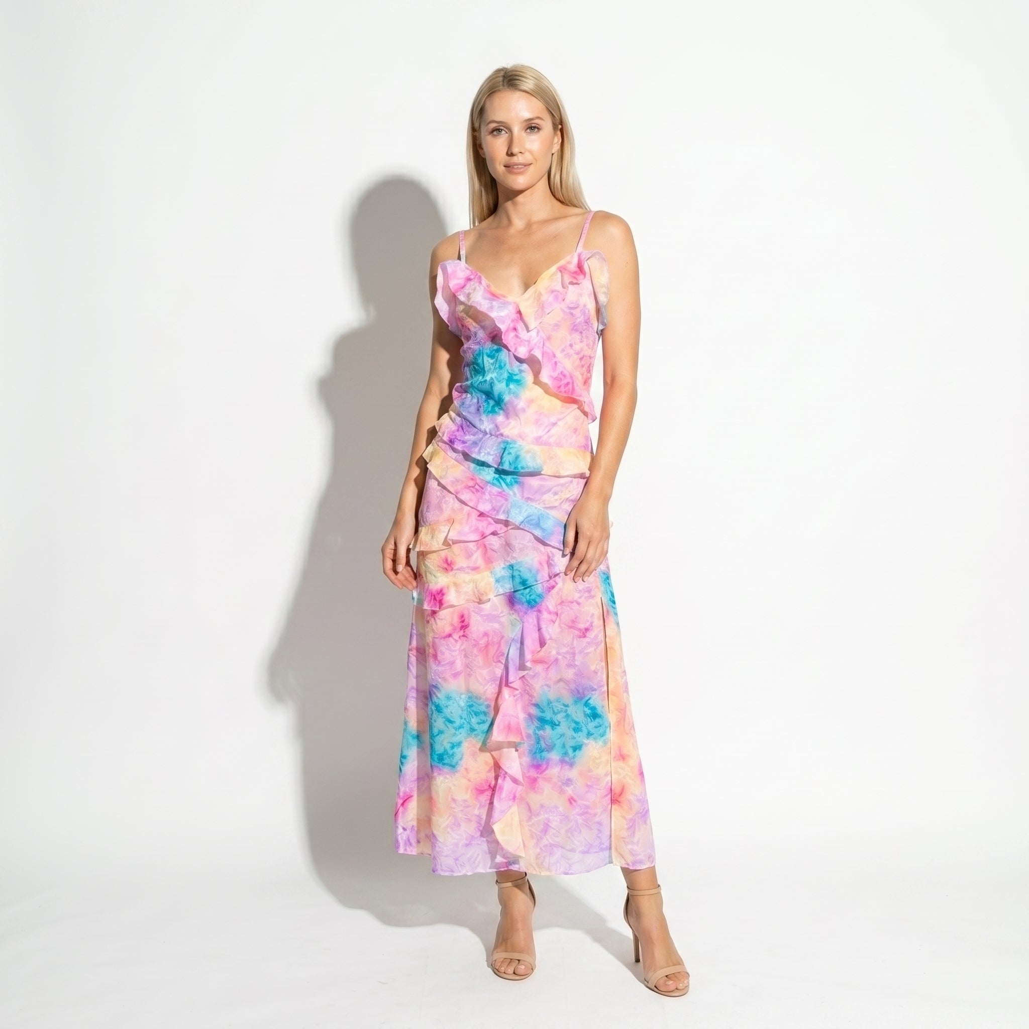 Freya - Women's Wedding Guest Floral Ruffle V - Neck Maxi Dress - Maxi Dress - Pink - Taylor & Bennett