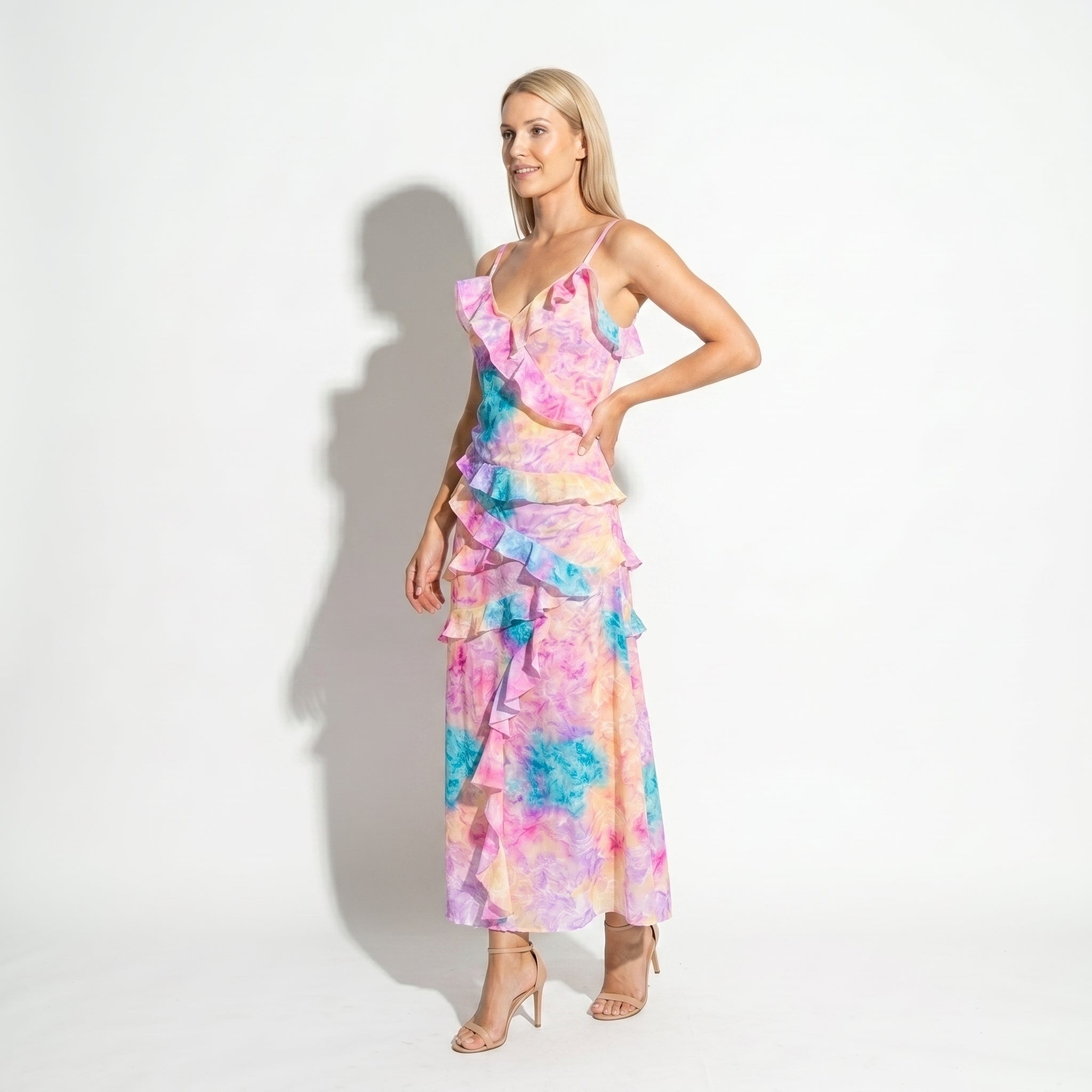 Freya - Women's Wedding Guest Floral Ruffle V - Neck Maxi Dress - Maxi Dress - Pink - Taylor & Bennett