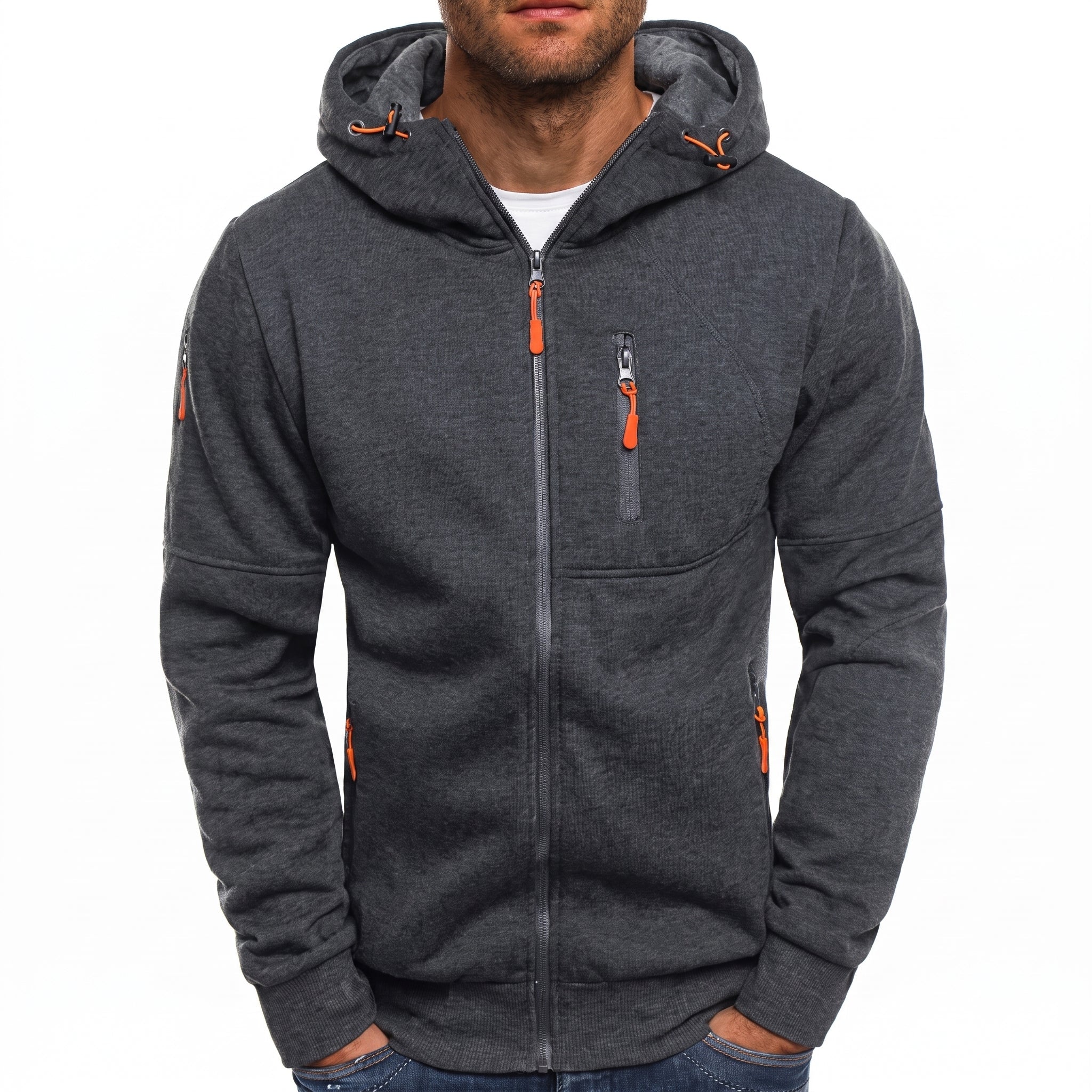 Friedrich - Men's Ribbed Cuff Multi-Pocket Contrast Zip Hoodie - Hoodies - Dark Grey - Taylor & Bennett