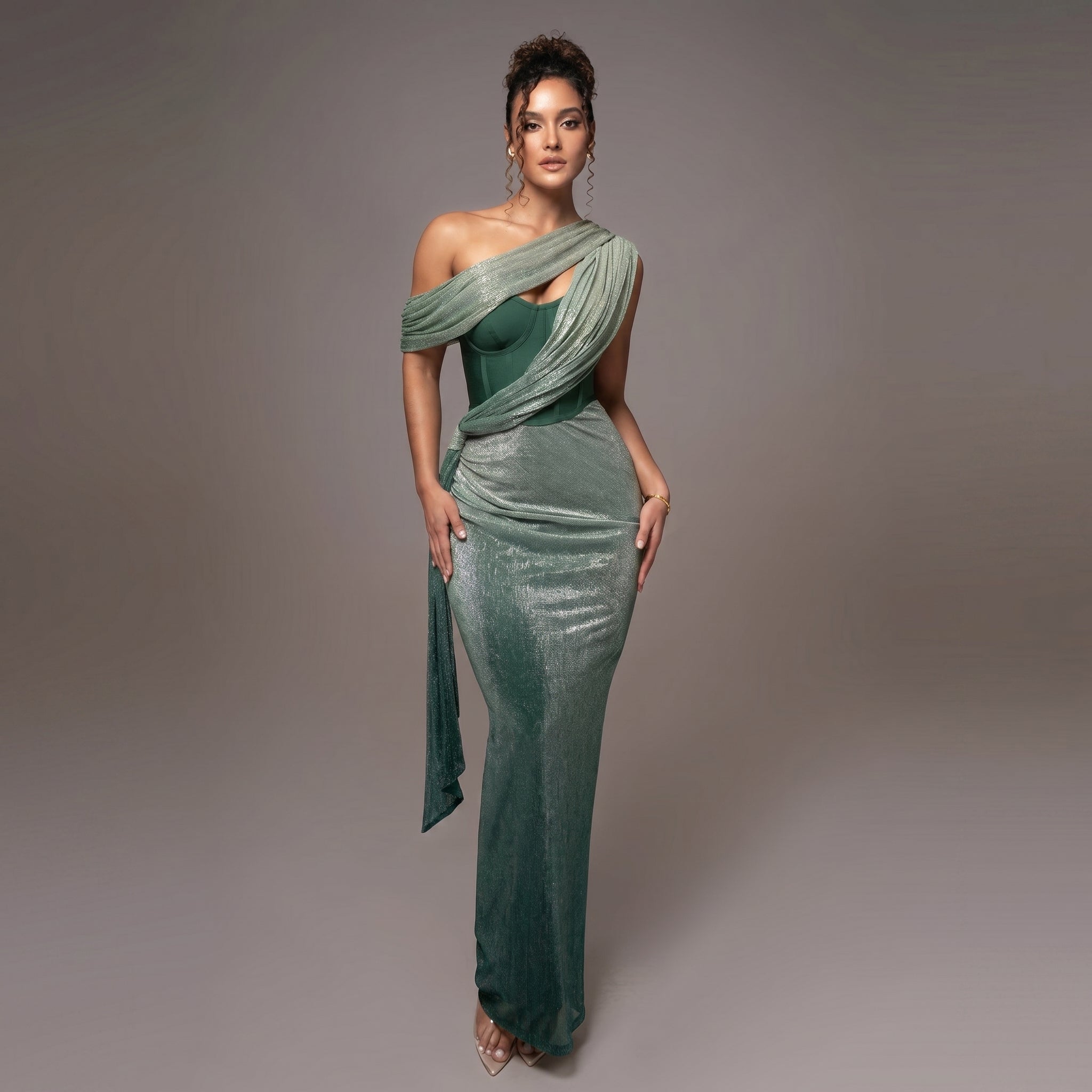 Georgia - Women's Evening One - Shoulder Midi Dress with Draped Cape - Midi Dress - Green - Taylor & Bennett